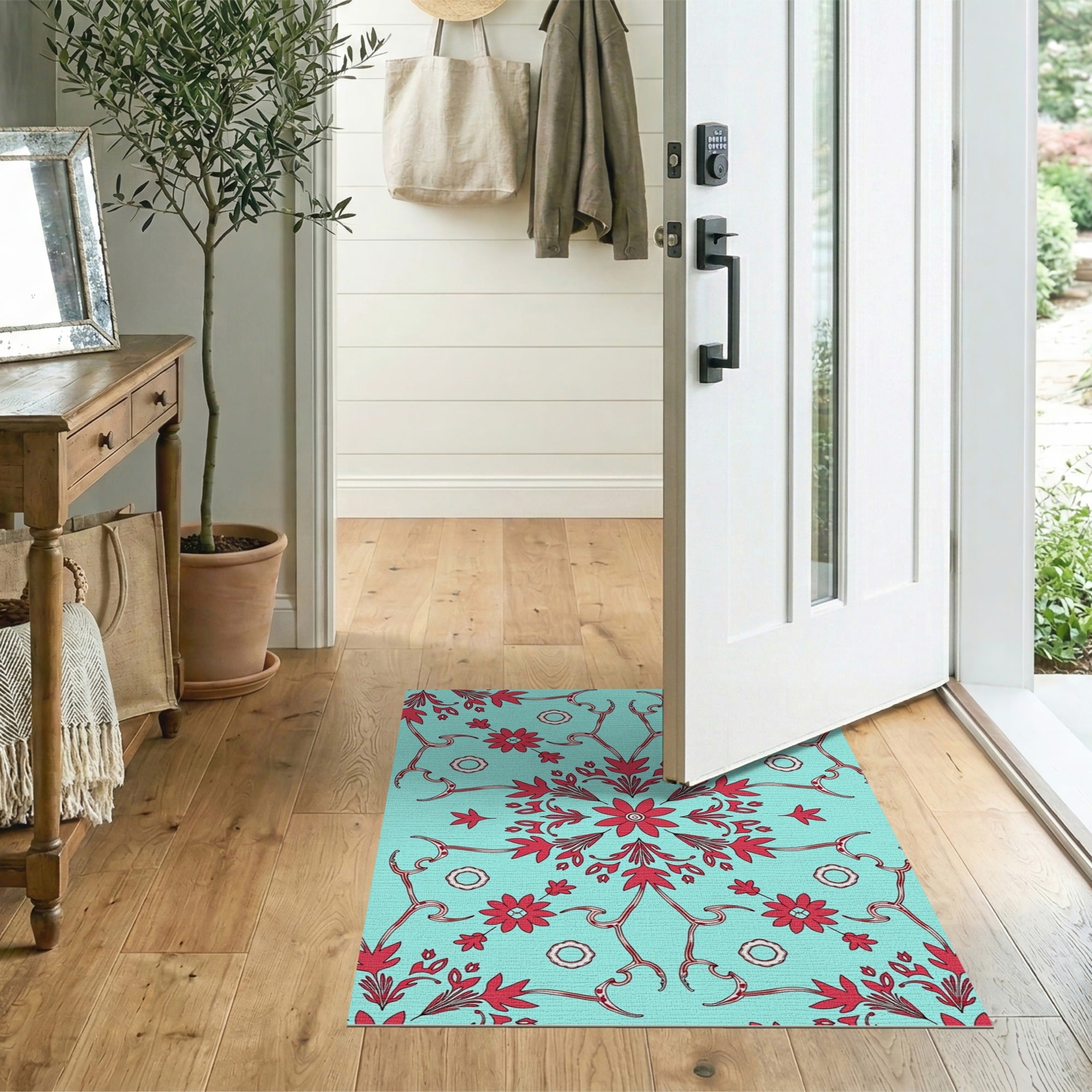 Ornate Red Floral Persian Area Rug on Teal