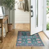 Teal Floral Area Rug with Pink Blooms and Birds