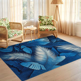 ODIKA Washable Blue Tropical Leaf Area Rug - Low Pile Non-Slip Modern Botanical Rug