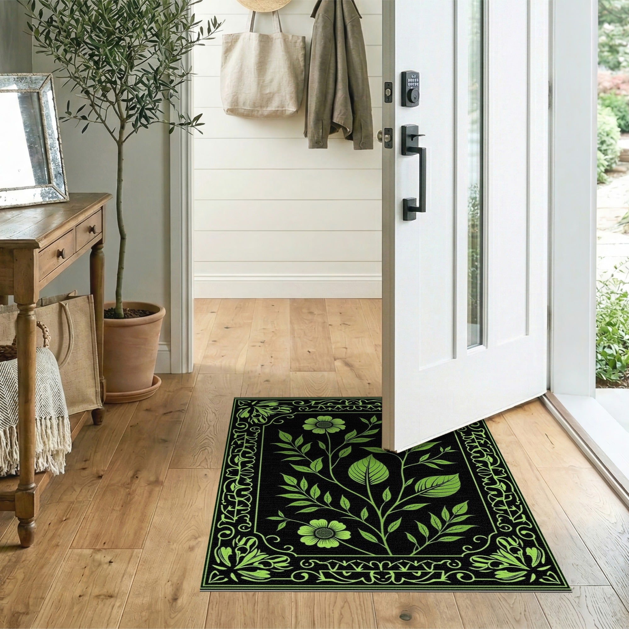 Green Ornate Green Floral Leaf Area Rug