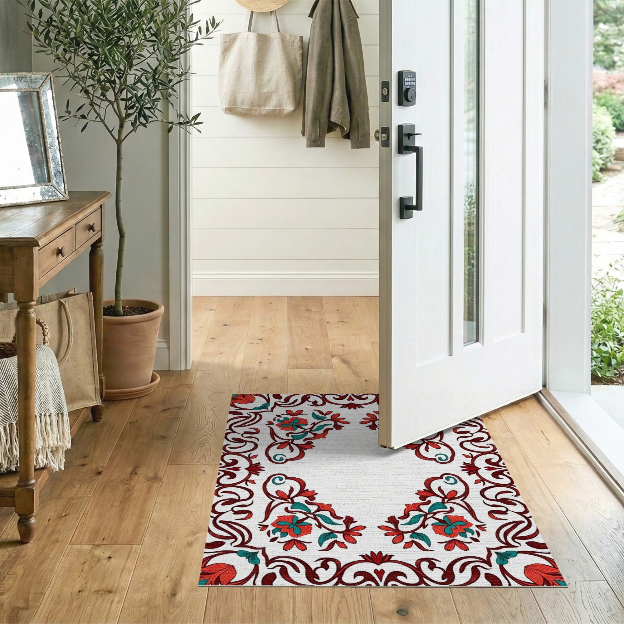 Intricate Red Teal Floral Persian Border Rug