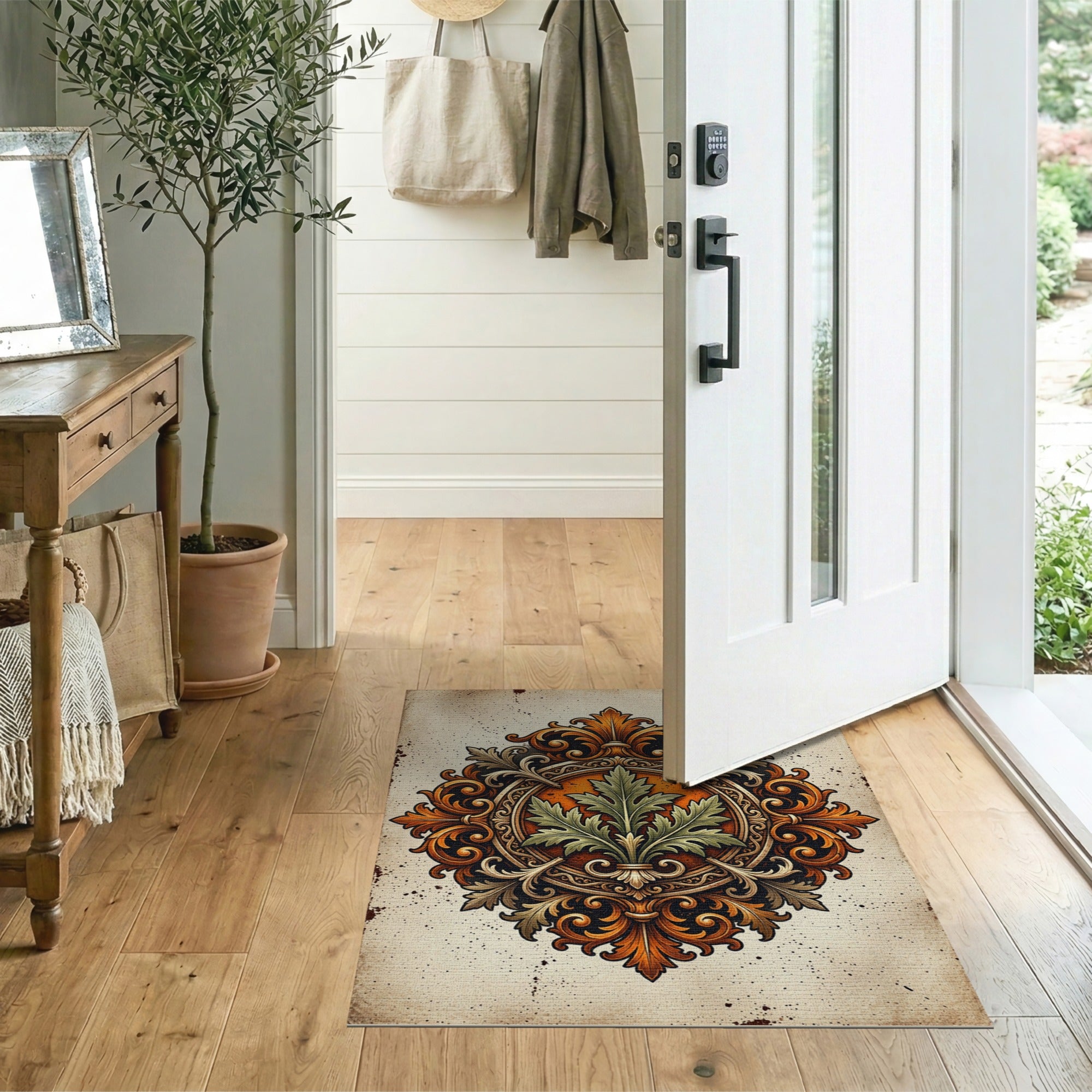 Vintage Orange Filigree Leaf Area Rug