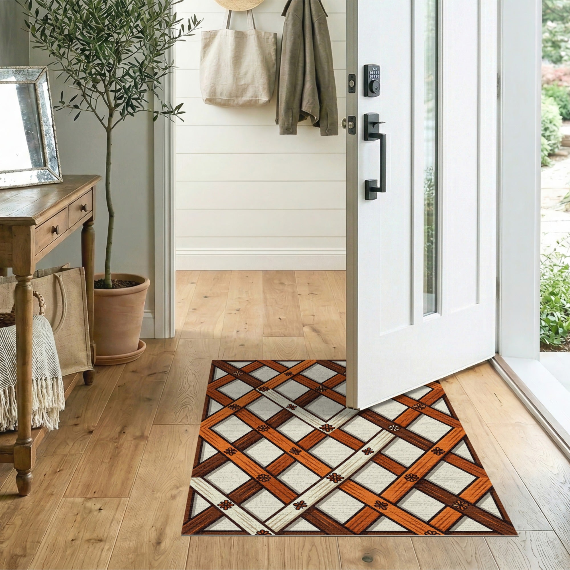 Orange Trellis Lattice Area Rug with Floral Accents