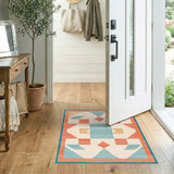 Teal Geometric Coral Border Area Rug