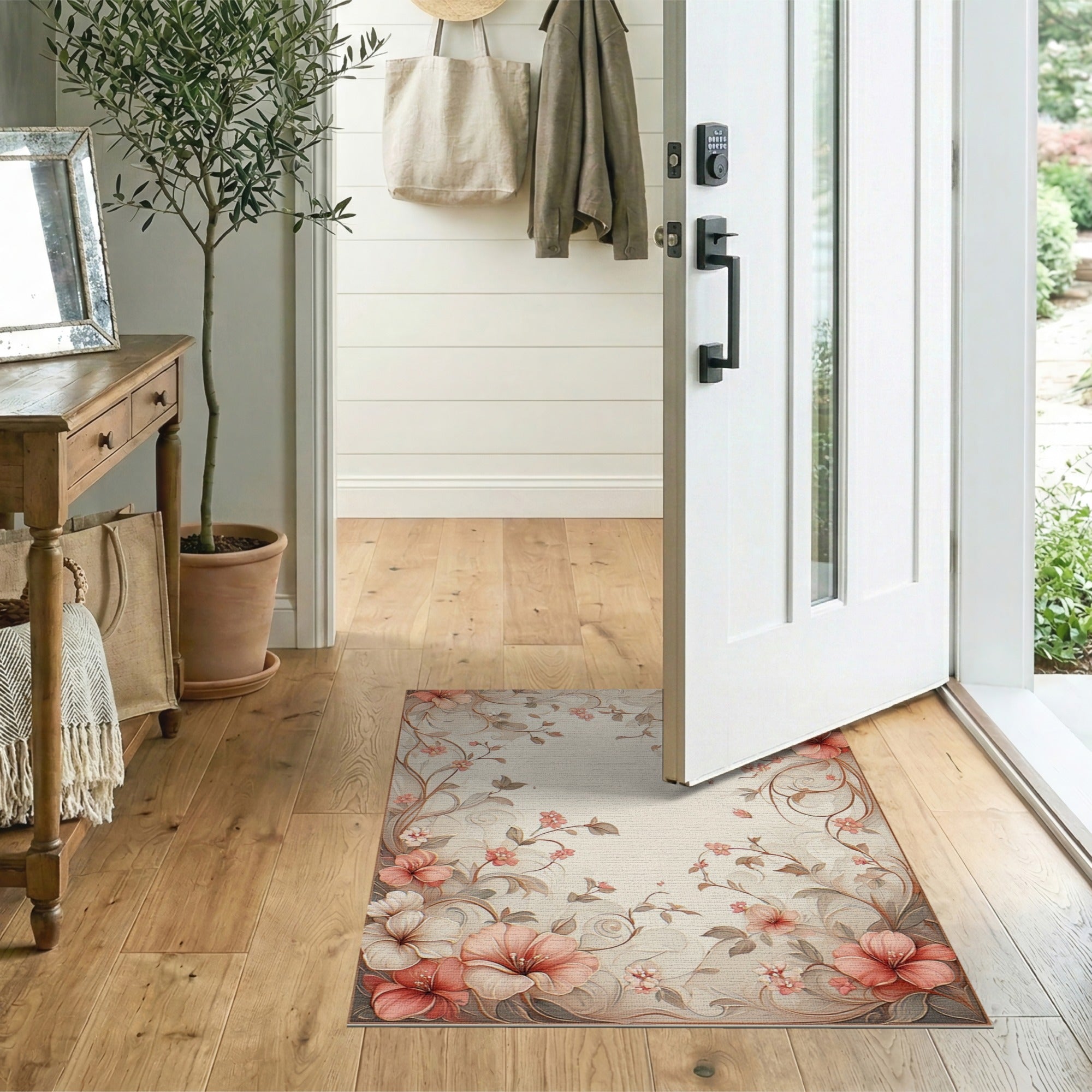 ODIKA Vintage Floral Peach Washable Area Rug - Low Pile Non-Slip Machine Washable Rug