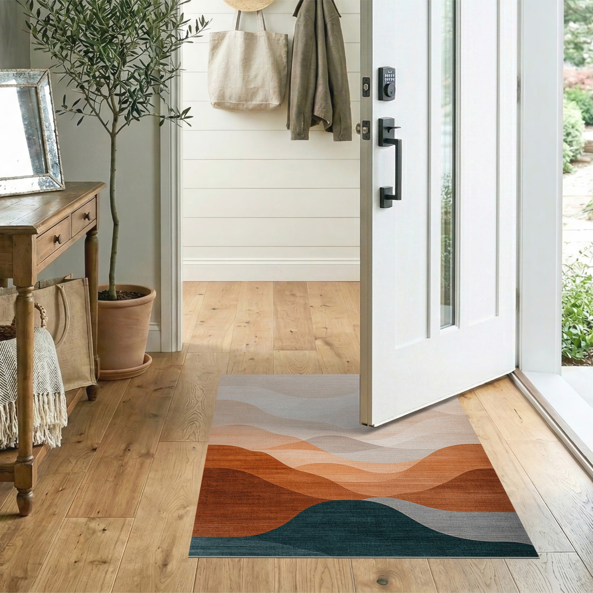 Beige Orange Teal Layered Wave Abstract Rug