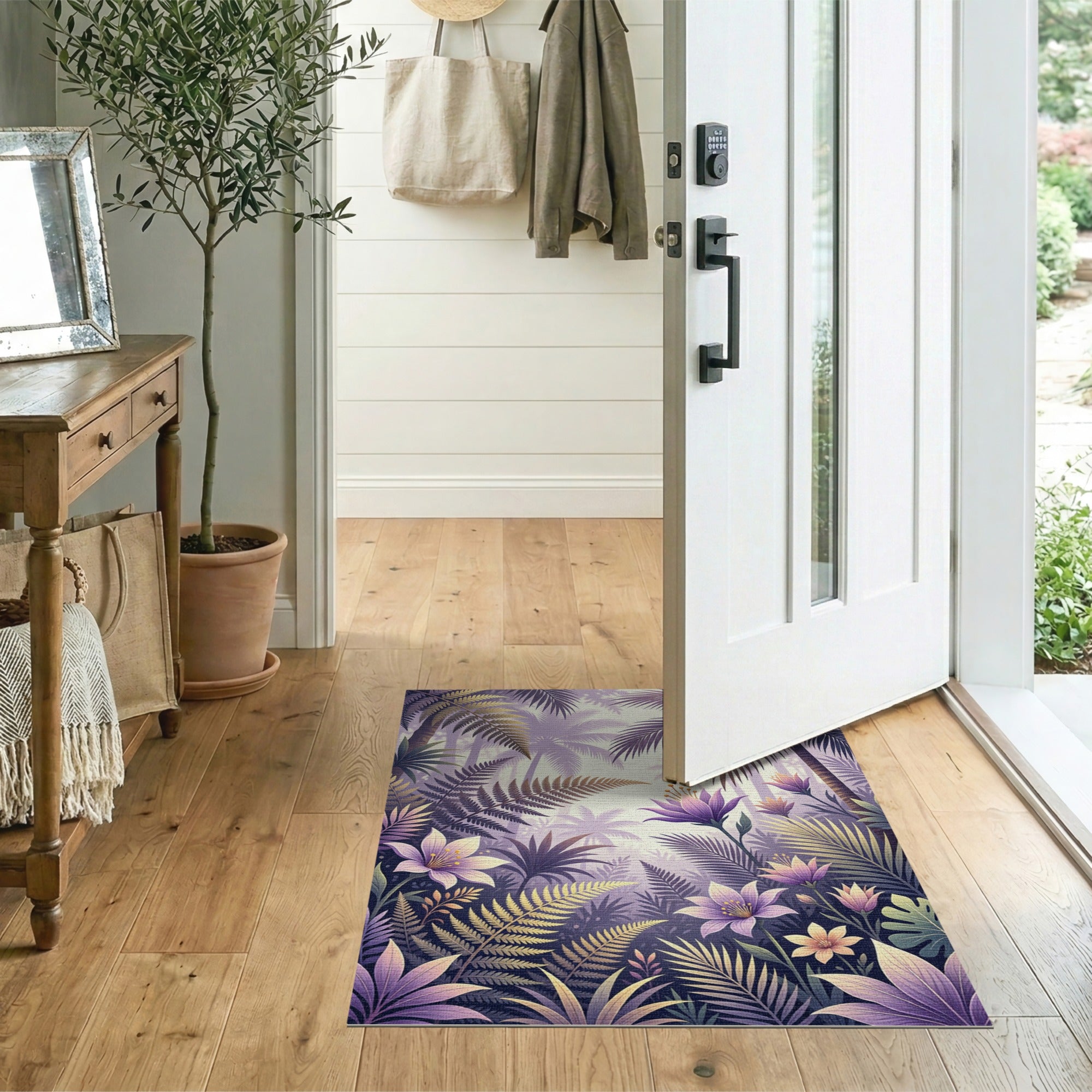Lush Purple Jungle Ferns Blooms Area Rug