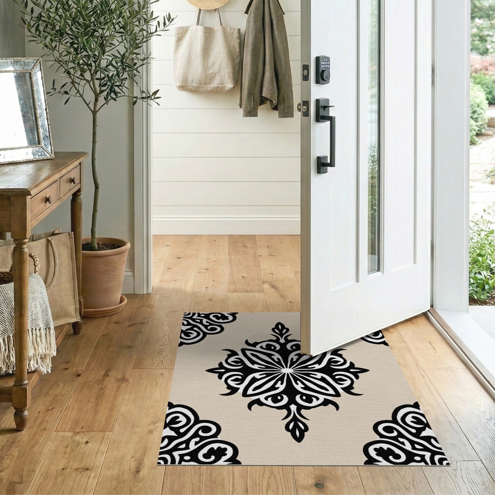 Ornate Black Floral on Beige Persian Area Rug