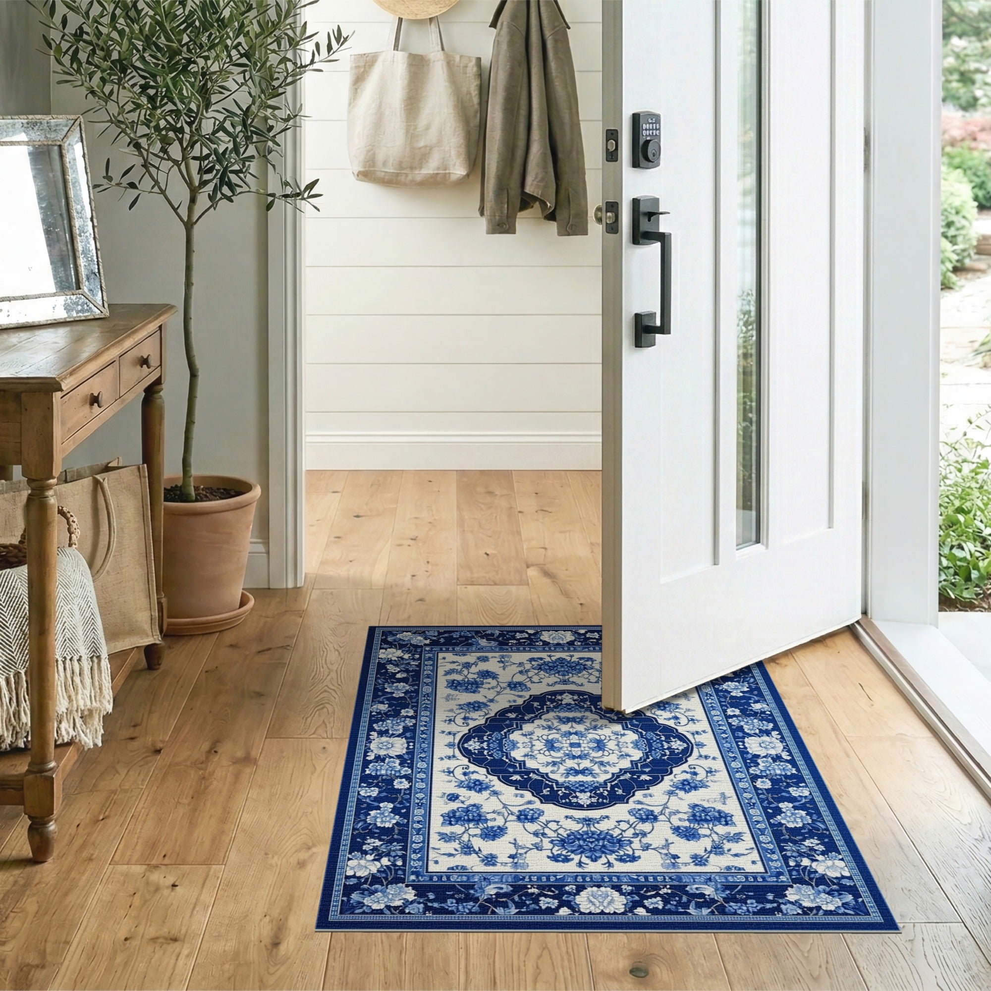 Elegant Blue White Chinoiserie Floral Rug