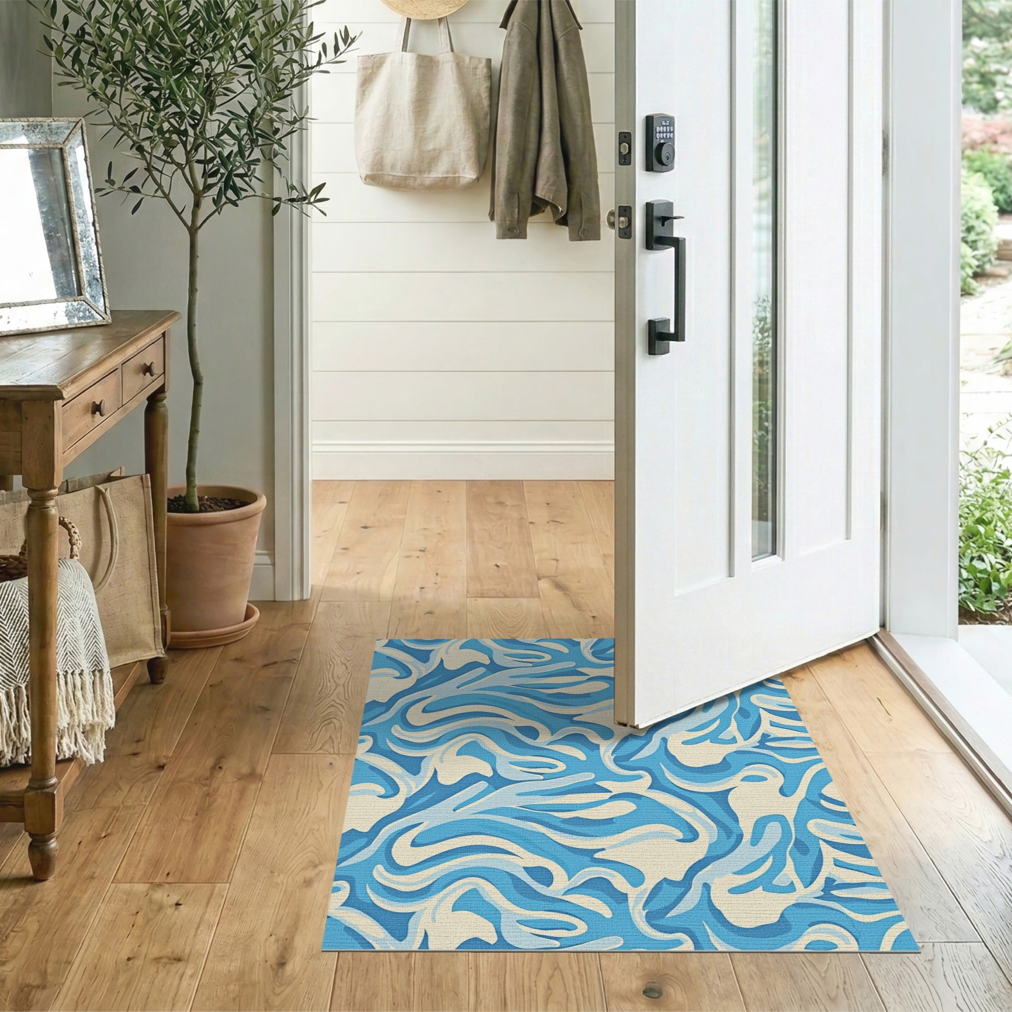 Swirling Blue Waves Abstract Area Rug