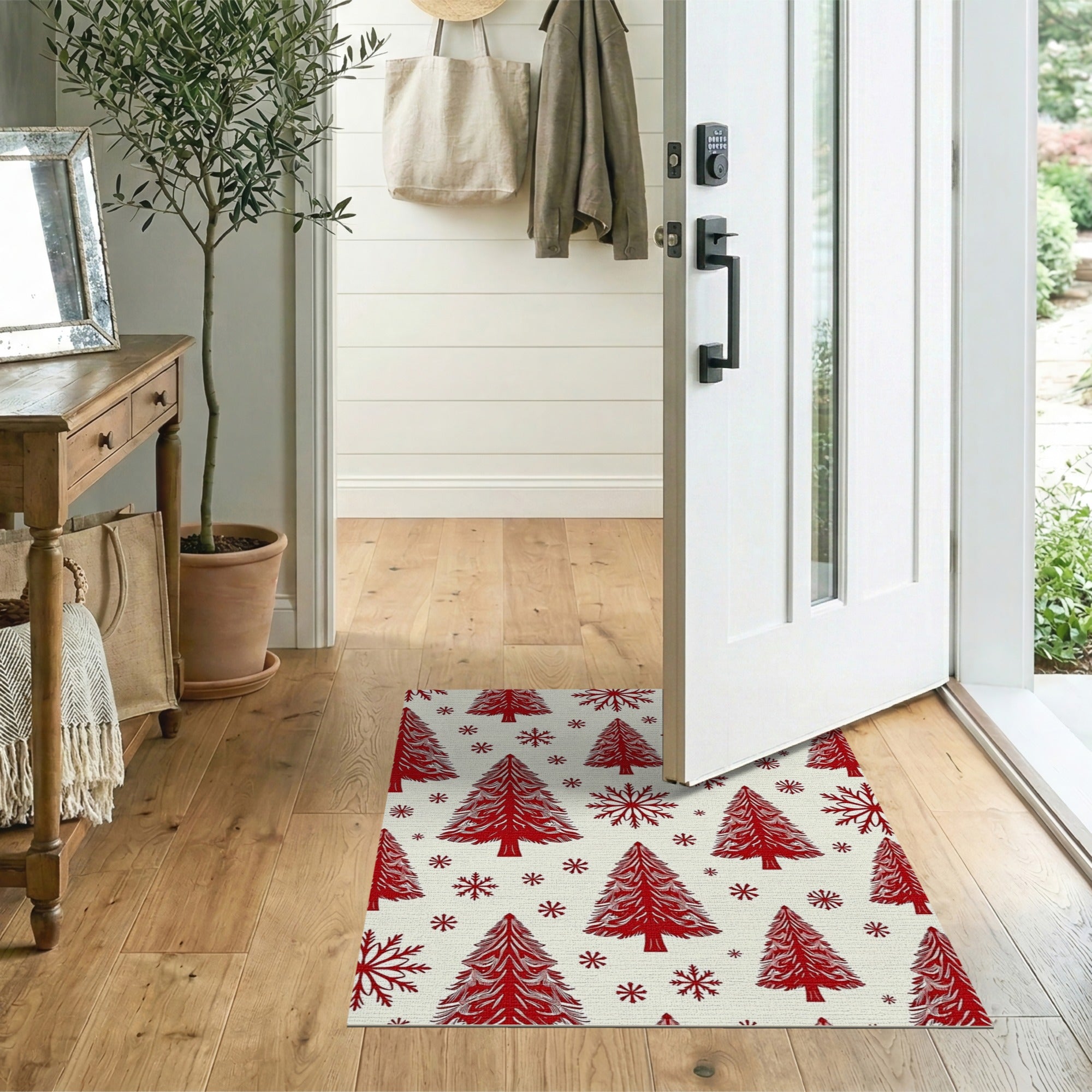 Red Christmas Trees Snowflakes Area Rug