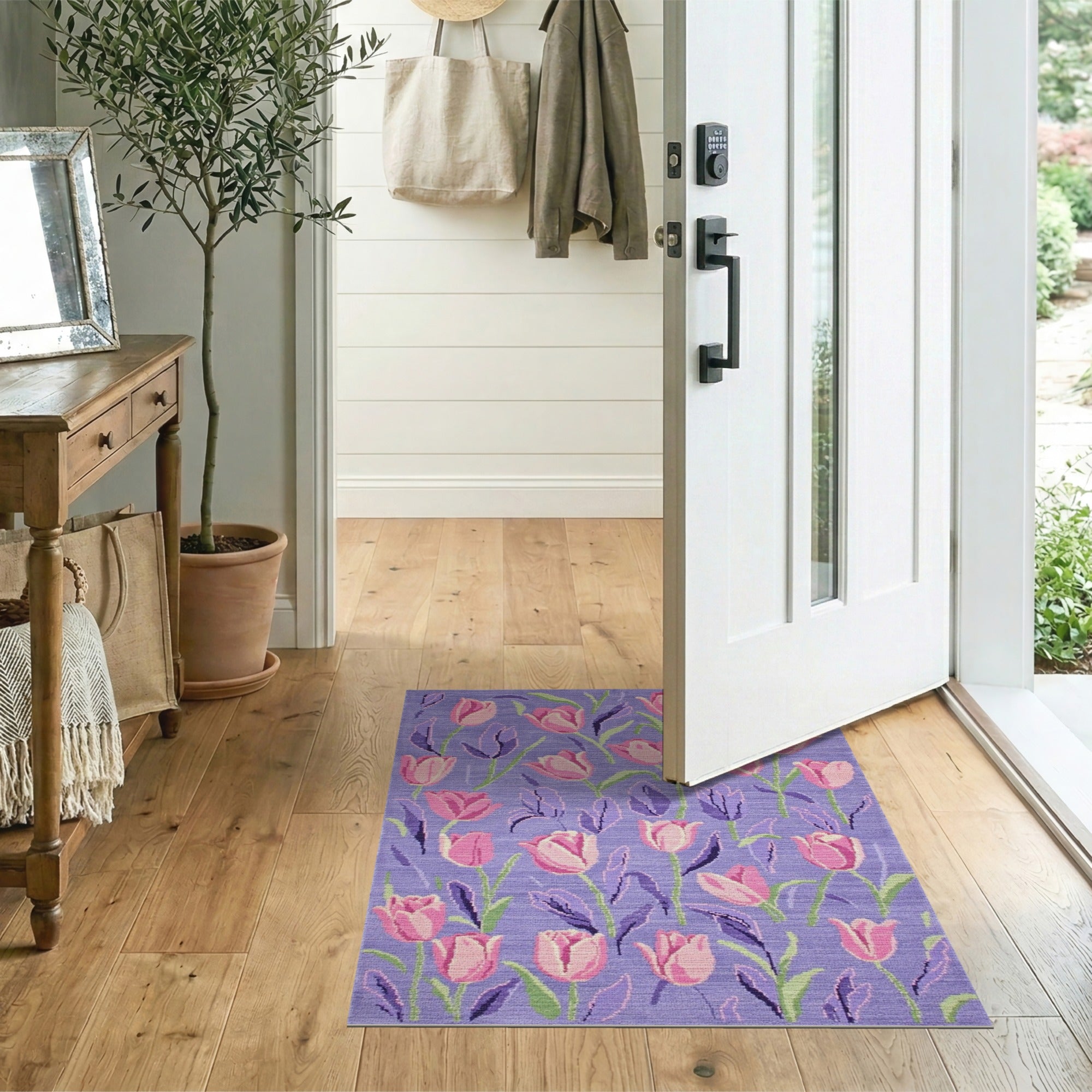 Floral Vintage Purple Pink Tulip Floral Area Rug