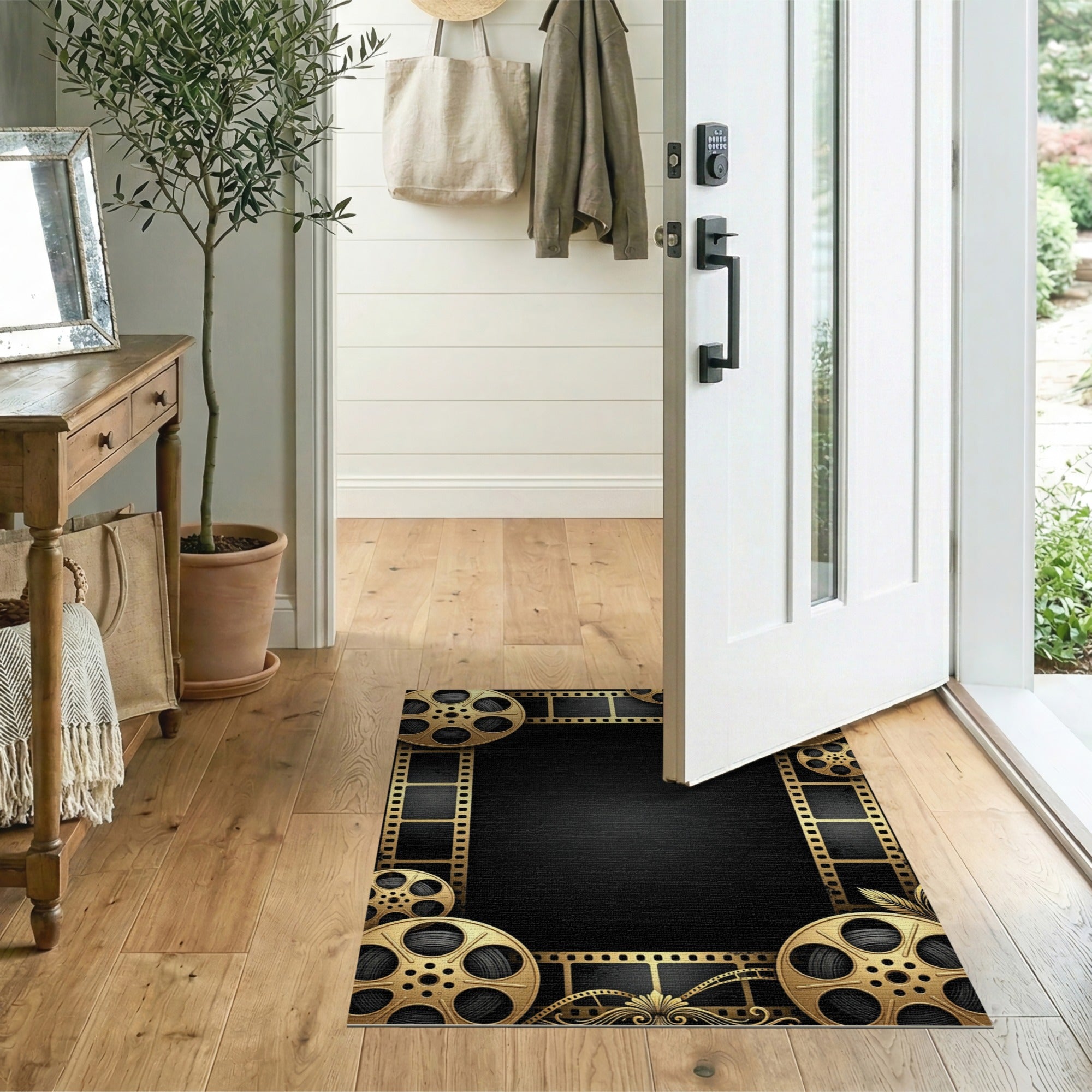 ODIKA Cinema Movie Film Reel Washable Rug - Gold & Black Home Theater Decor