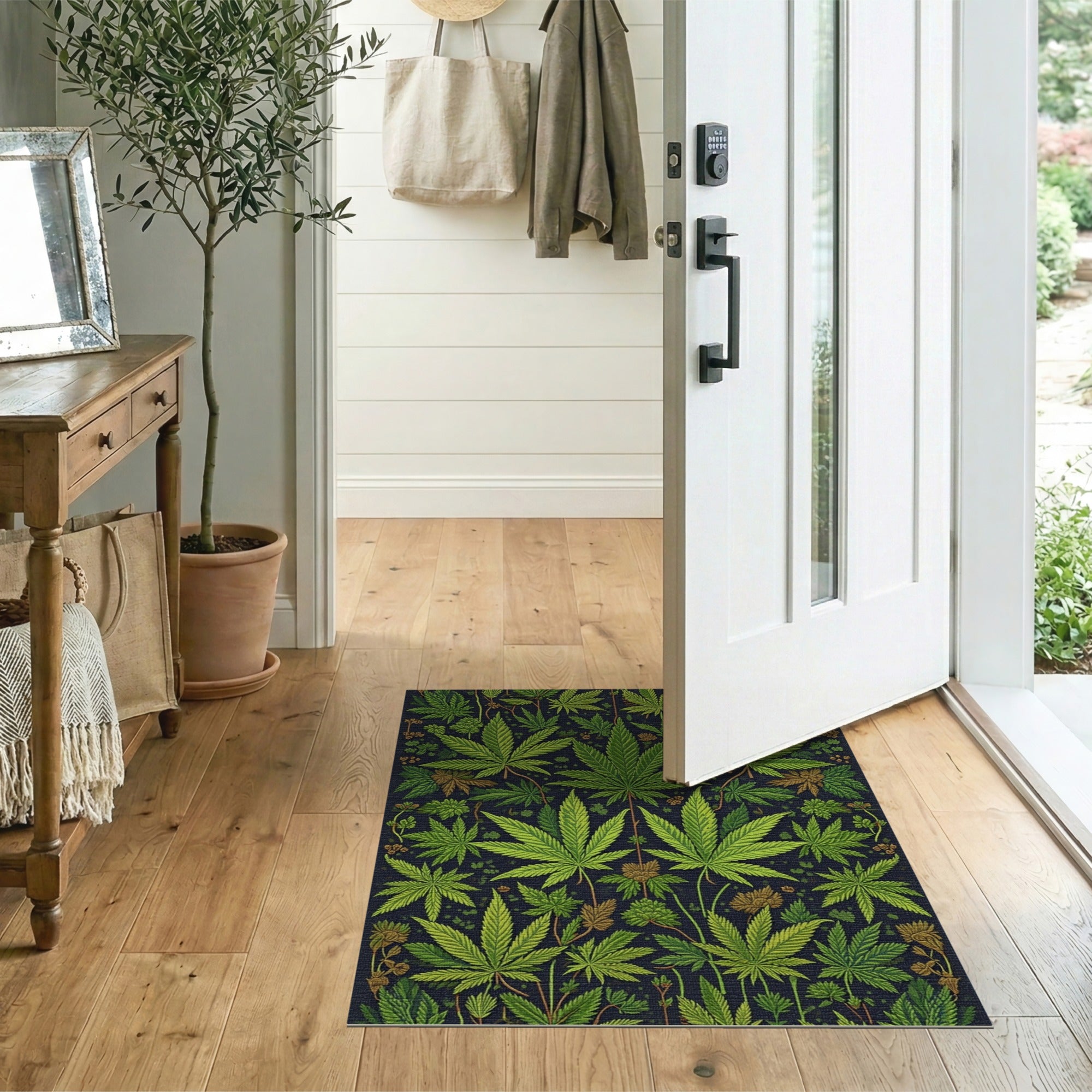 ODIKA Washable Cannabis Leaf Botanical Area Rug - Low Pile Non-Slip Green Carpet