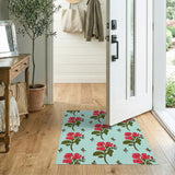 Vibrant Red Flowers on Teal Area Rug