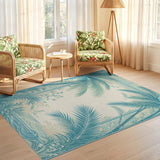 Washable Tropical Palm Tree Area Rug - Teal & Cream Coastal Low Pile Non-Slip Rug
