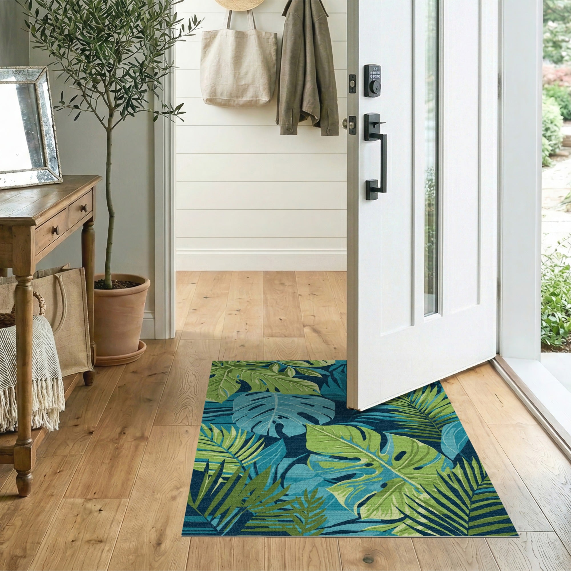 Washable Tropical Palm Leaf Area Rug - Blue & Green Low Pile