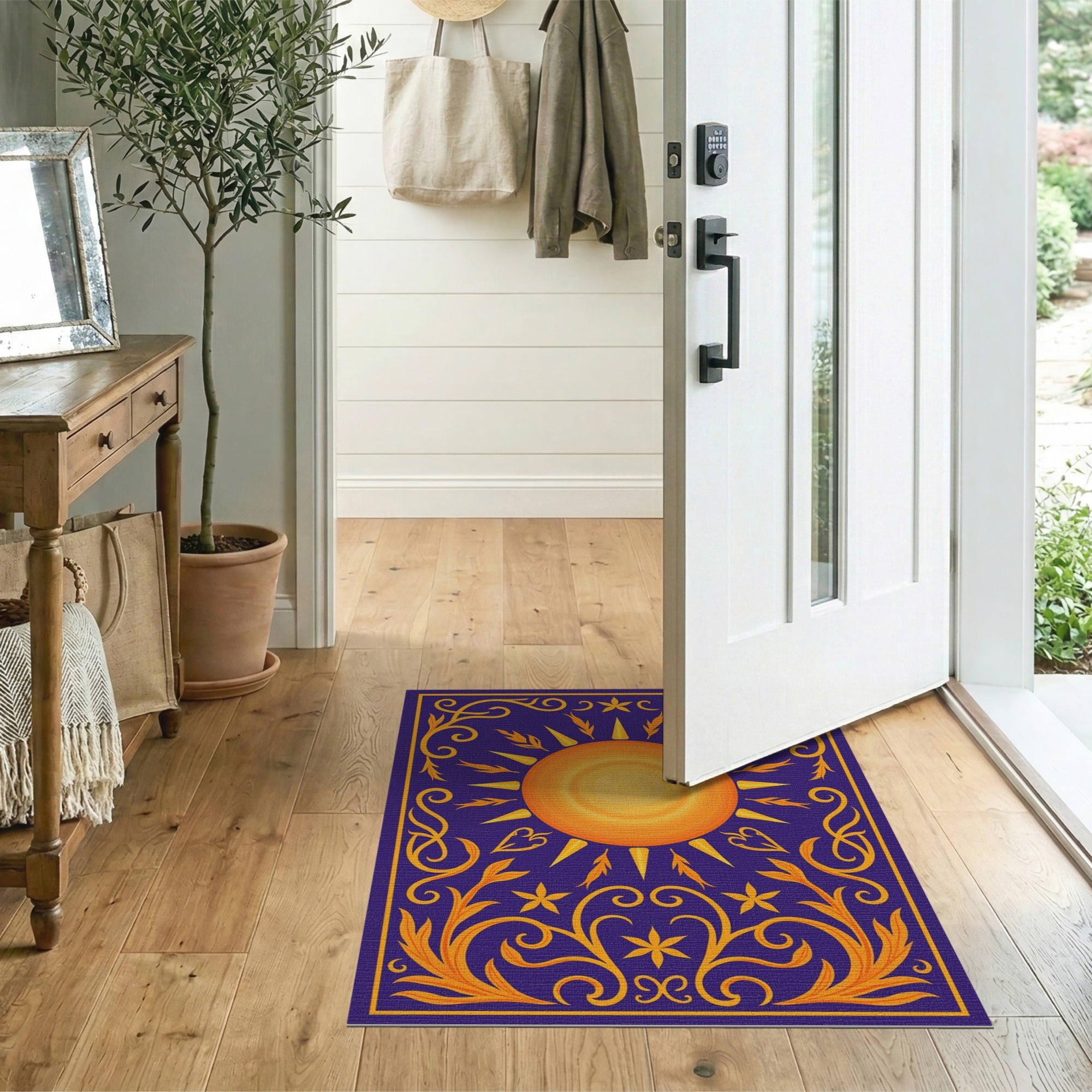 Purple Sunburst with Gold Floral Border Area Rug