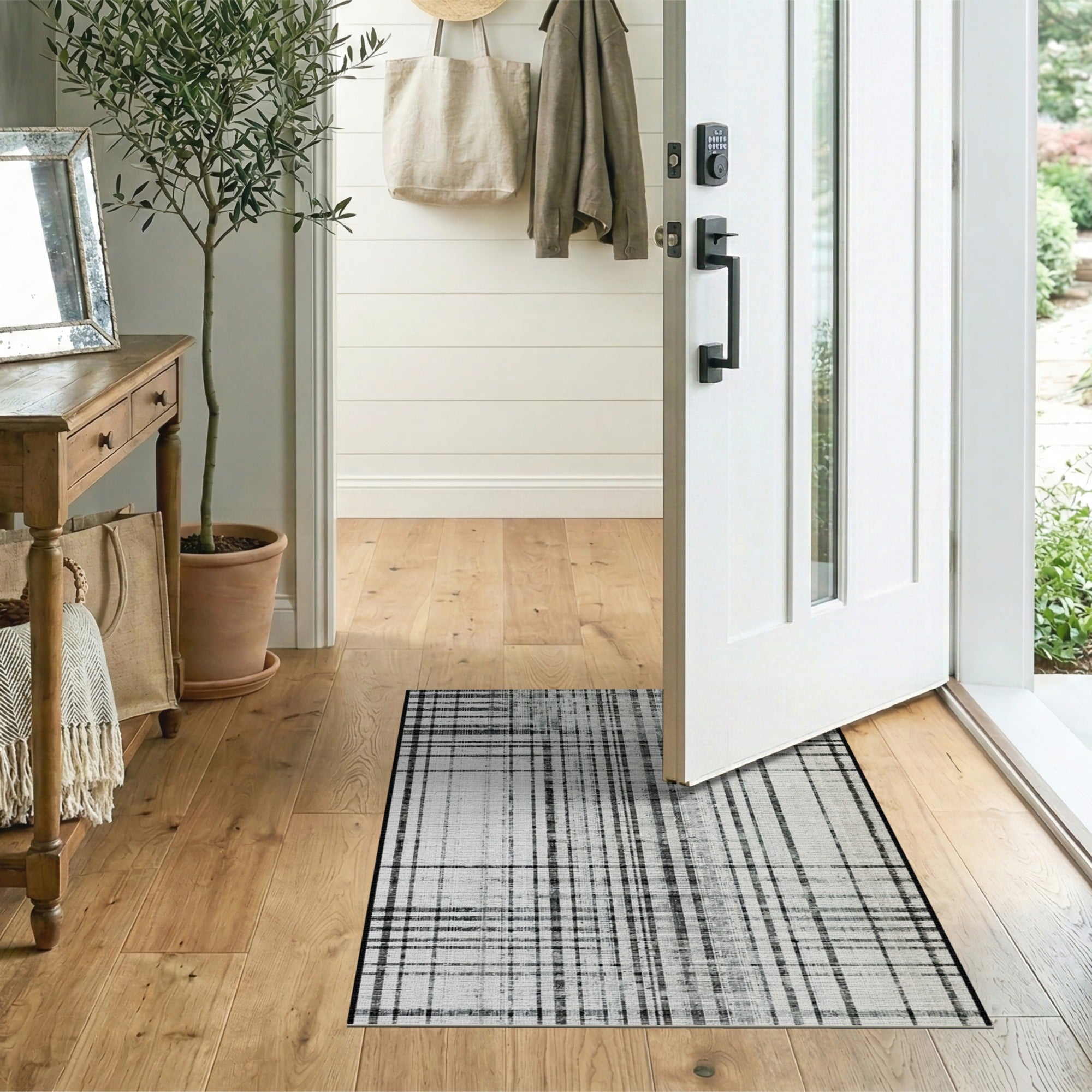 Distressed Black White Plaid No. 8 Area Rug