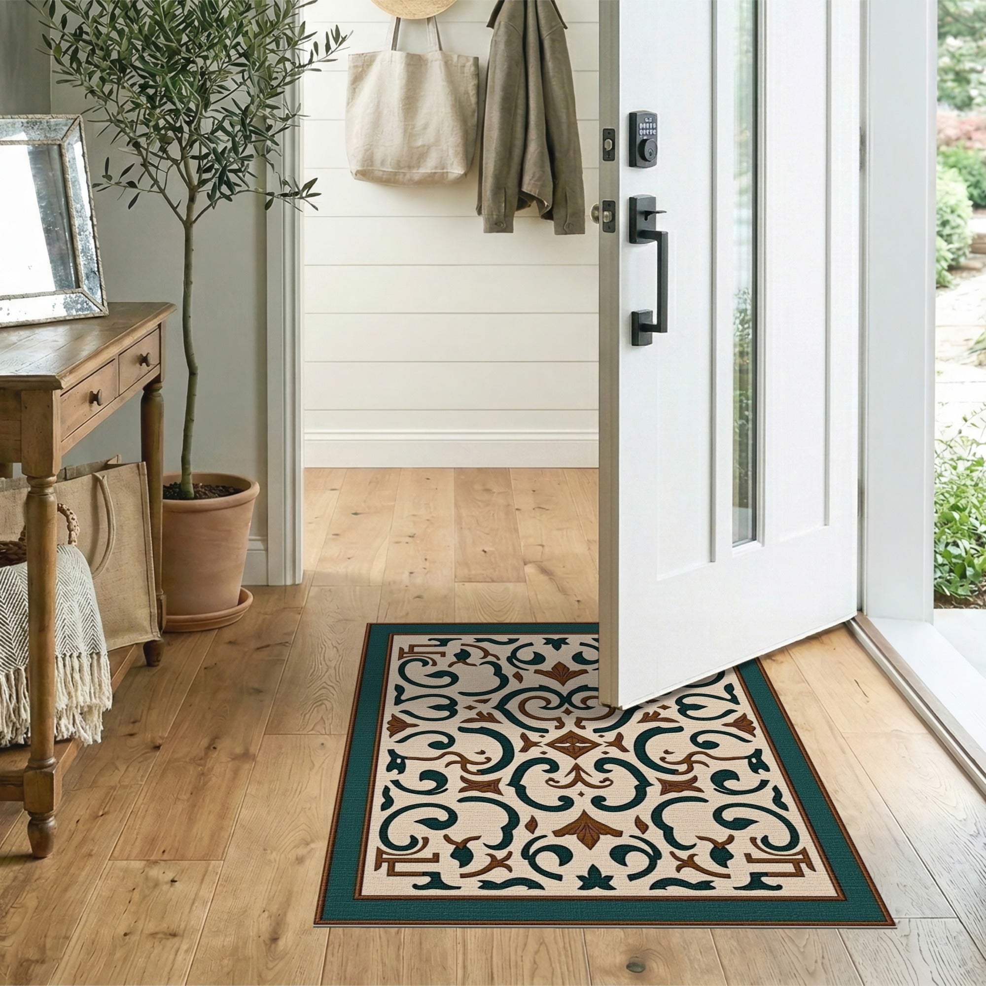 Teal Ornate Floral Scroll Area Rug