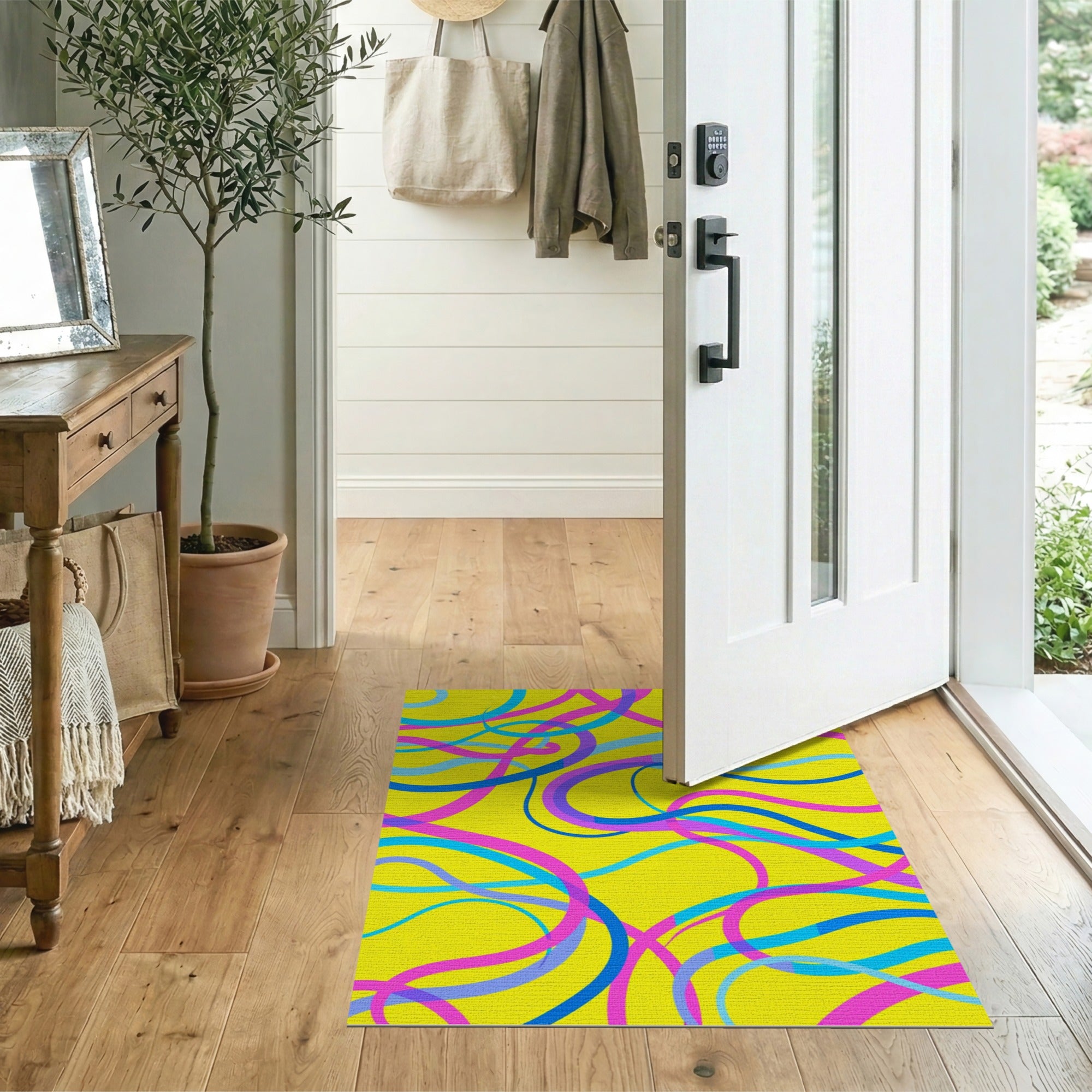 Vibrant Yellow Multi-Color Swirl Abstract Area Rug