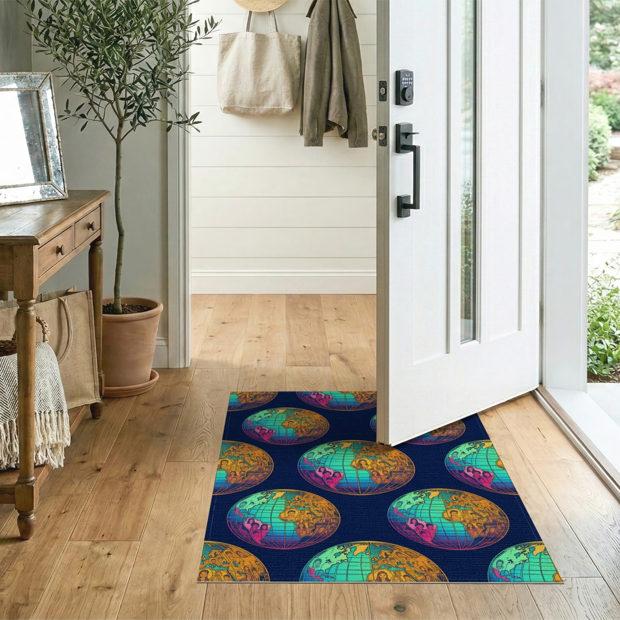 Global Faces Blue Teal Globe Area Rug
