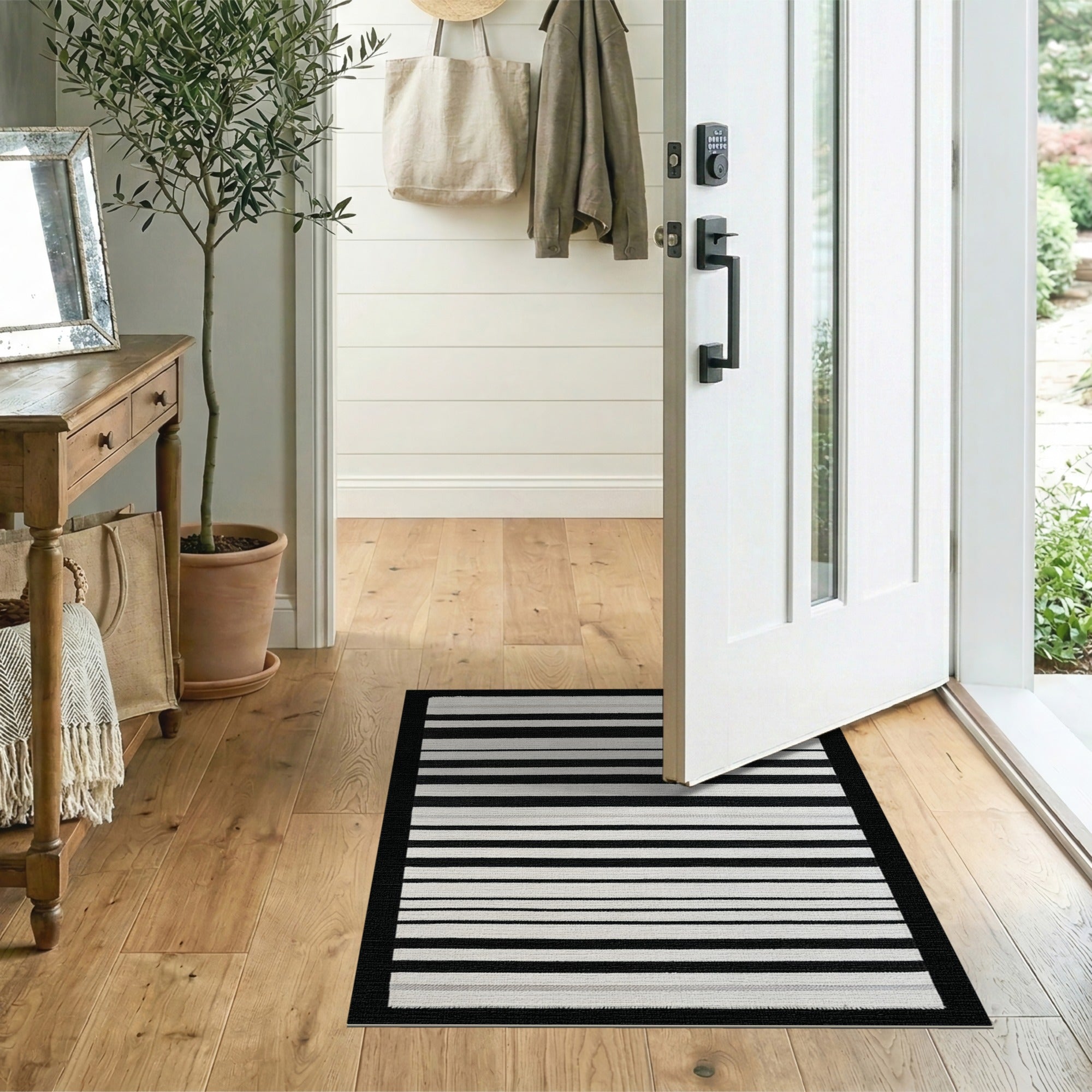 Bold Black White Striped Distressed Rug