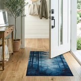Misty Blue Pine Forest Silhouette Area Rug
