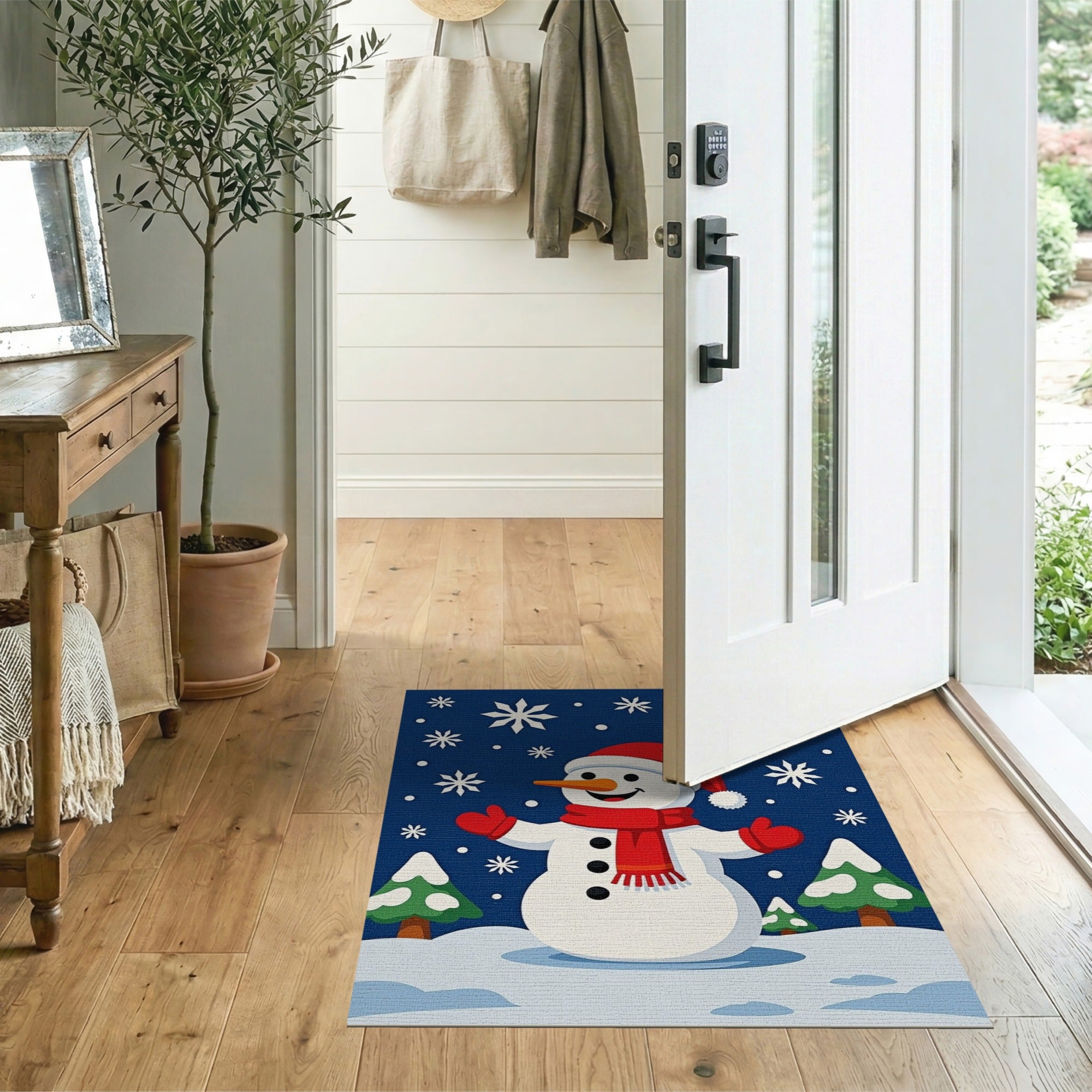 Blue and Teal Festive Cartoon Snowman Area Rug