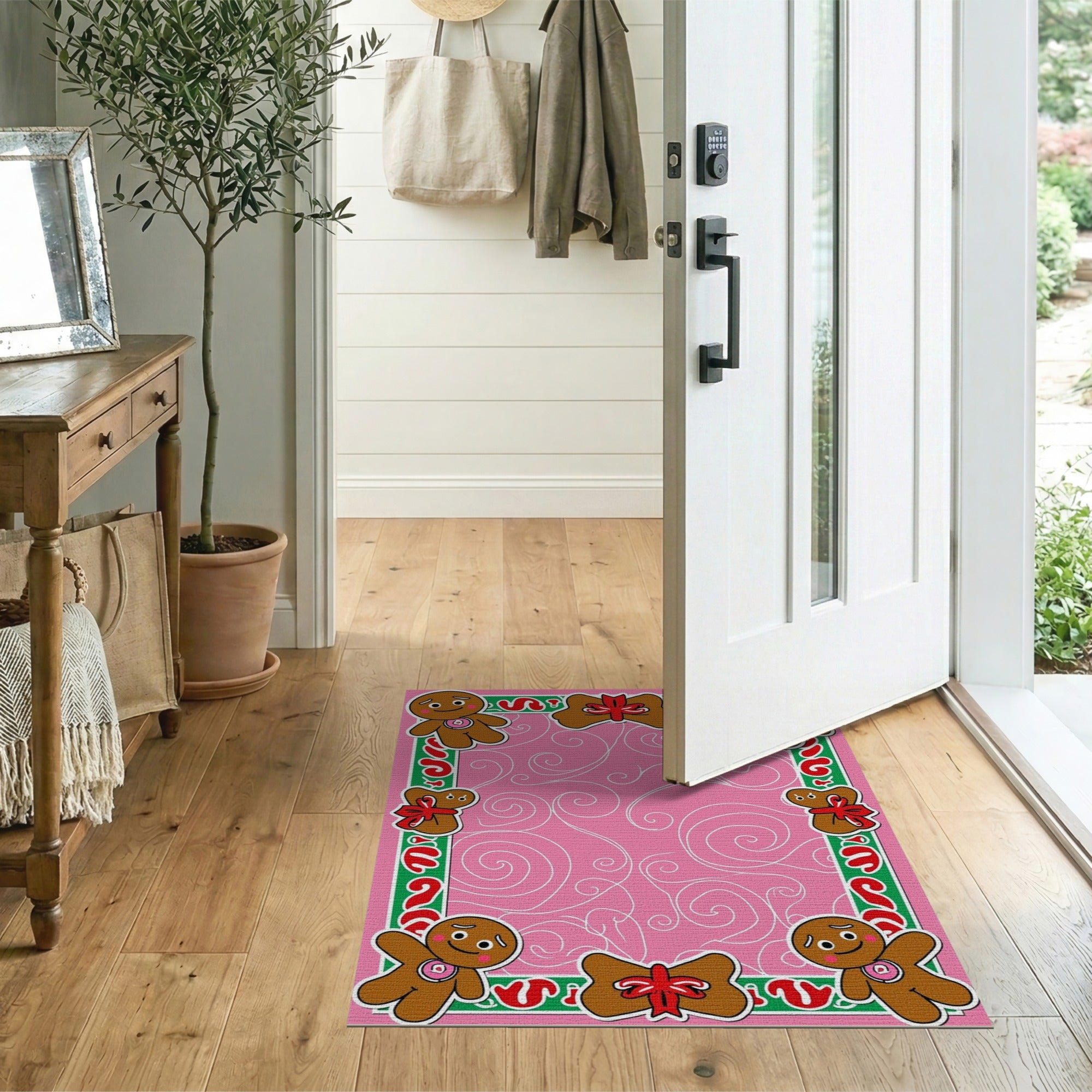 Festive Gingerbread Men Pink Kids Area Rug