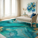Blue and Teal Teal Gold Fluid Abstract Area Rug