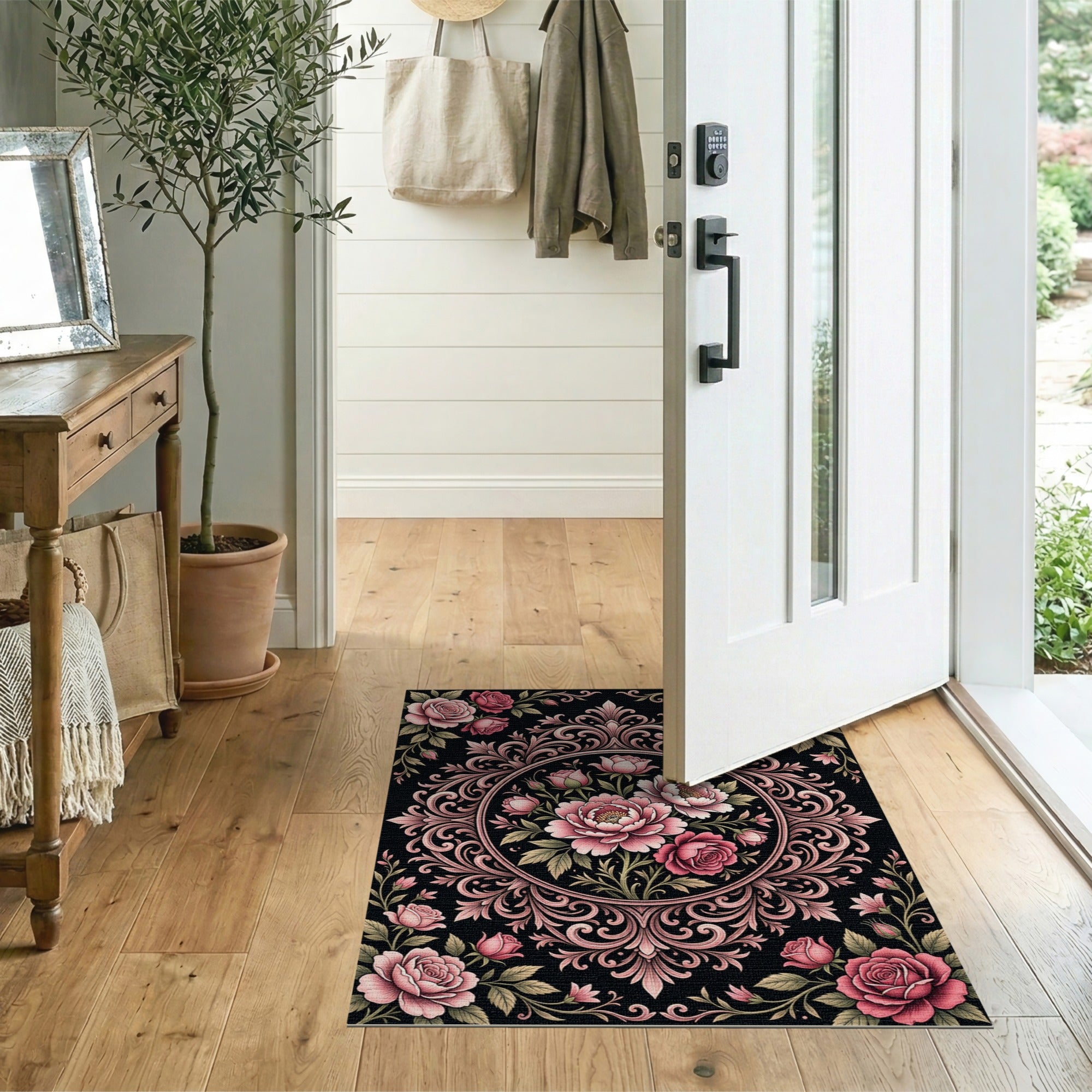 Vintage Pink Roses Peonies Ornate Black Area Rug