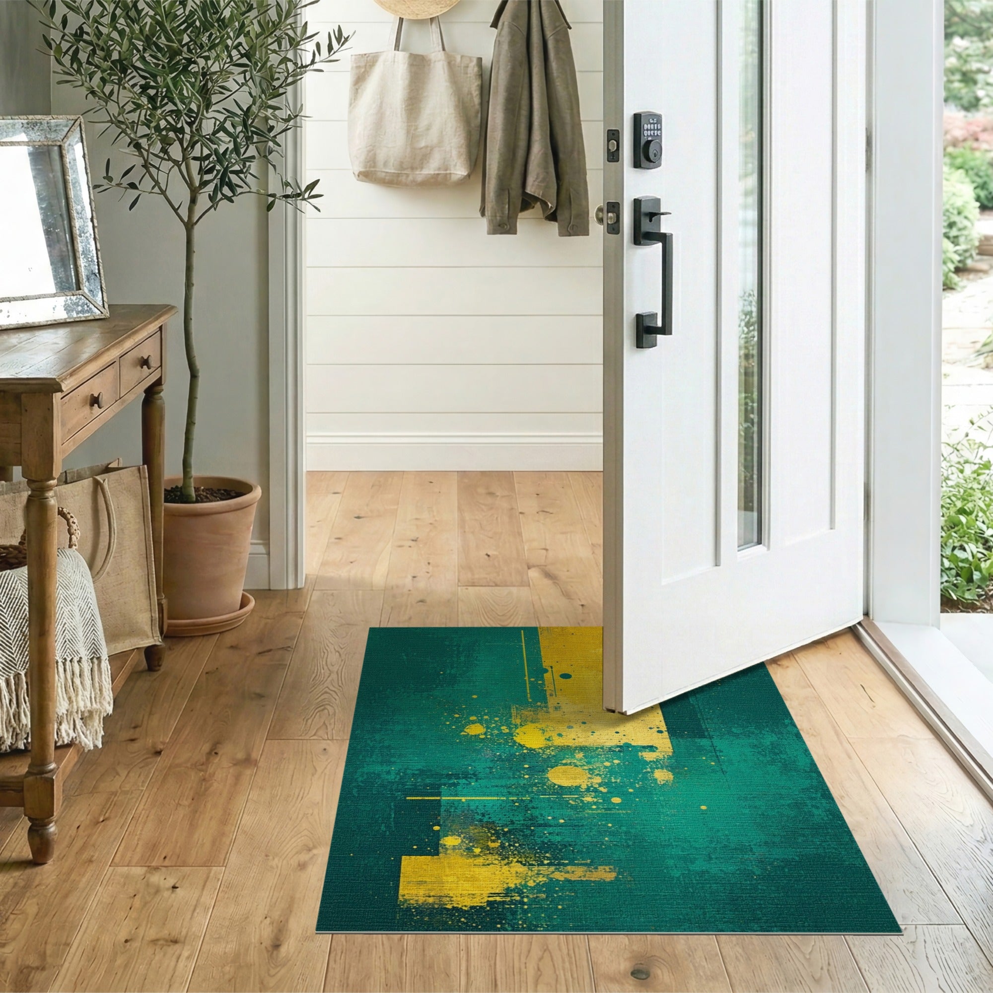 Teal Gold Distressed Geometric Area Rug