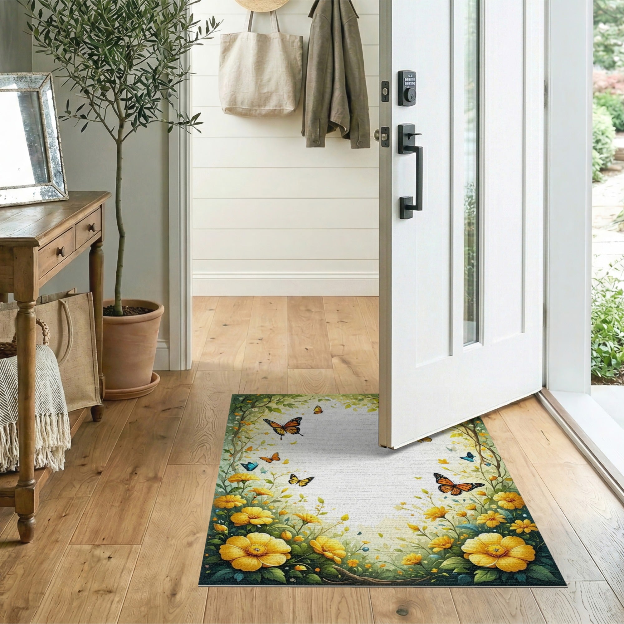 ODIKA Washable Whimsical Butterfly & Yellow Floral Garden Area Rug, Low Pile Non-Slip Rug