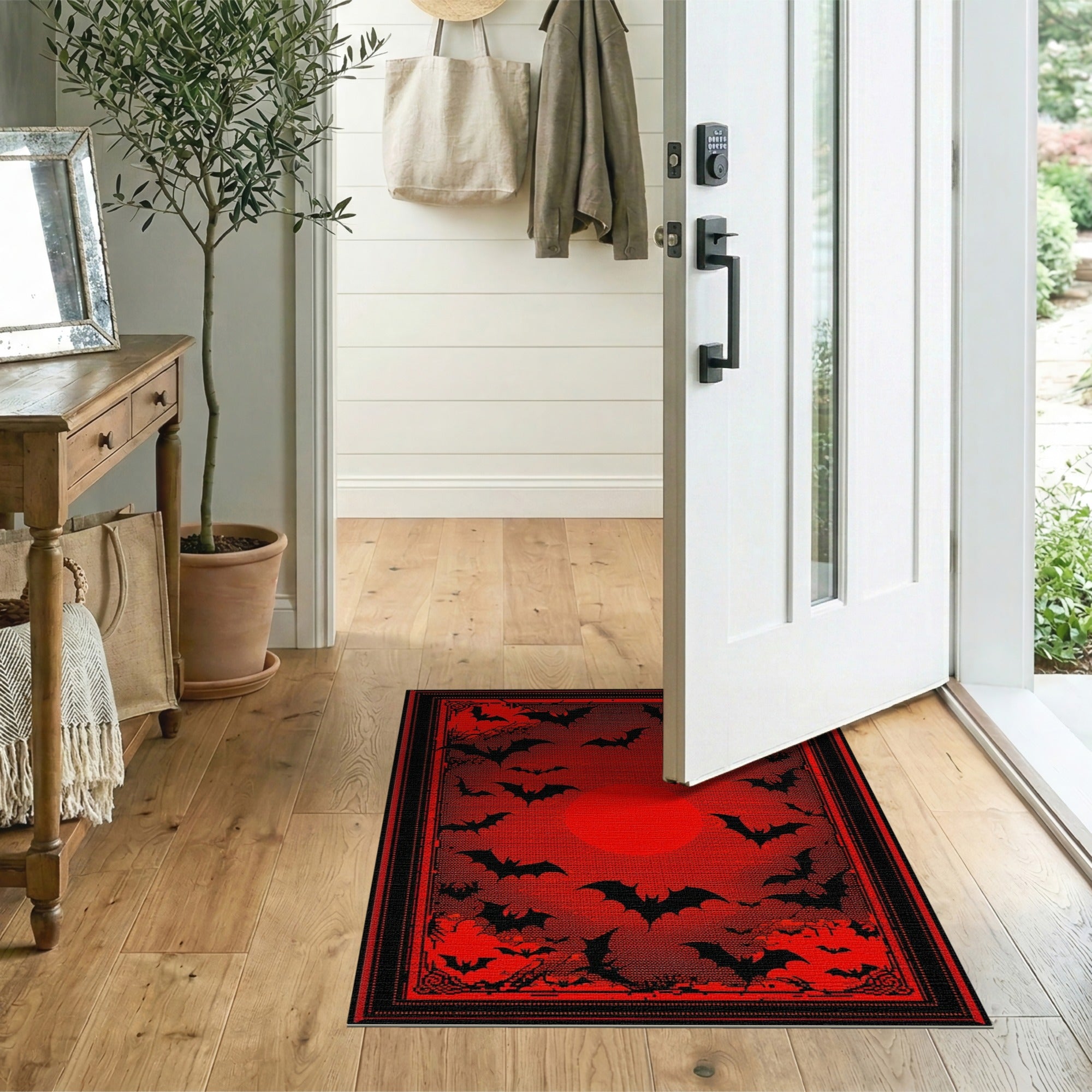 Gothic Black Bats Red Moon Area Rug