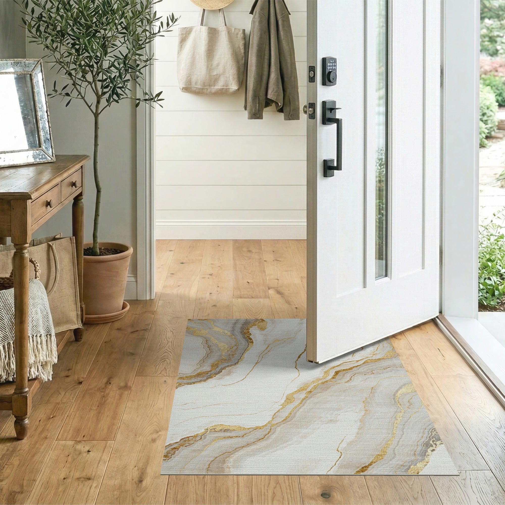 ODIKA Washable Abstract Marble Area Rug - Modern Gold and Cream Low Pile Non-Slip Floor Mat