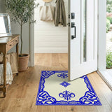 Ornate Blue Floral Border Cream Area Rug