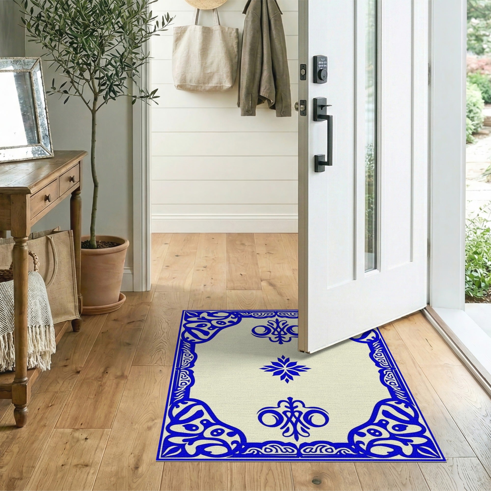 Ornate Blue Floral Border Cream Area Rug