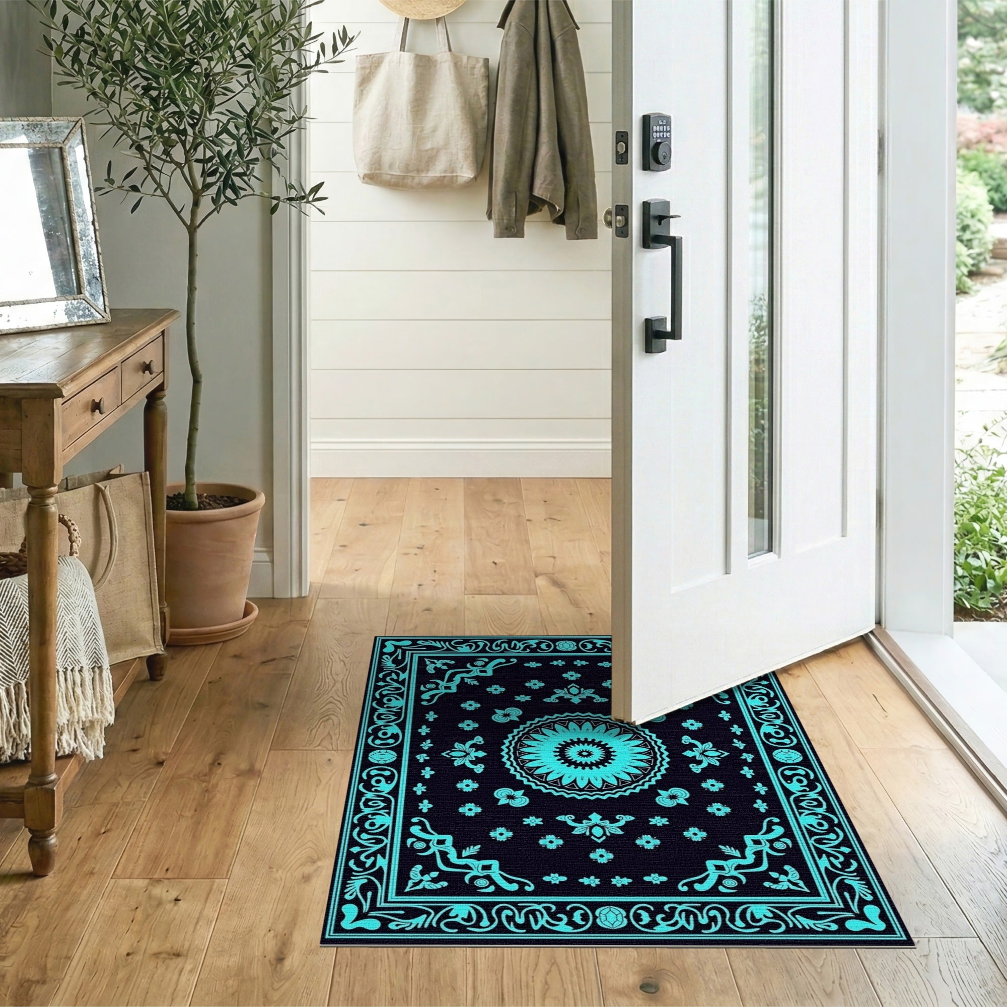 Blue and Teal Teal Mandala Persian Area Rug on Black