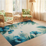 ODIKA Washable Blue Hibiscus Tropical Area Rug - Non-Slip Low Pile