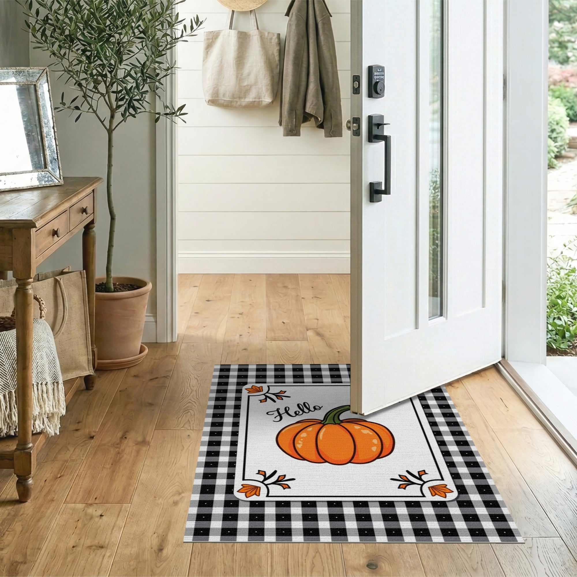Hello Pumpkin Black Check Gingham Area Rug