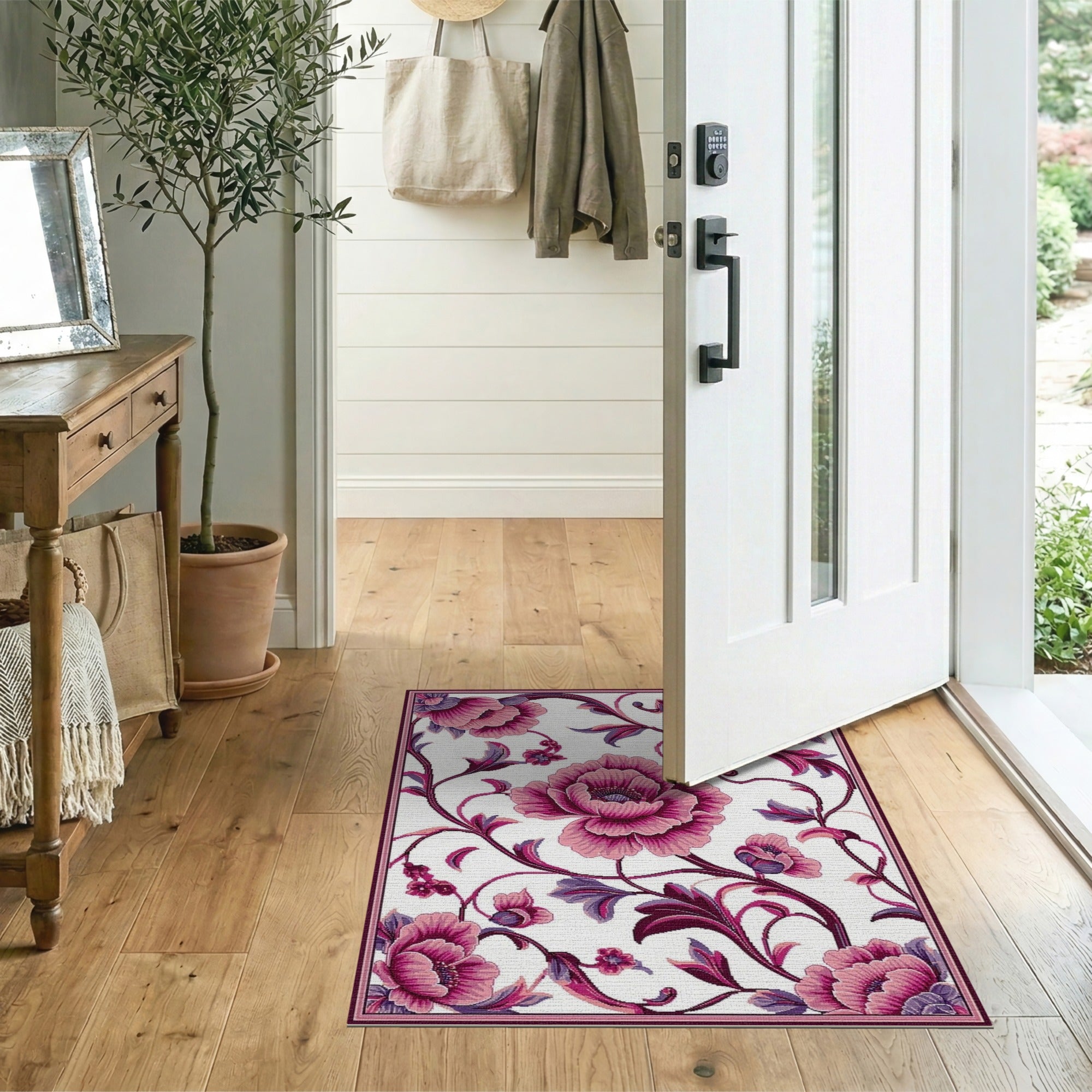 ODIKA Pink Vintage Floral Washable Rug - Low Pile Non-Slip Area Rug