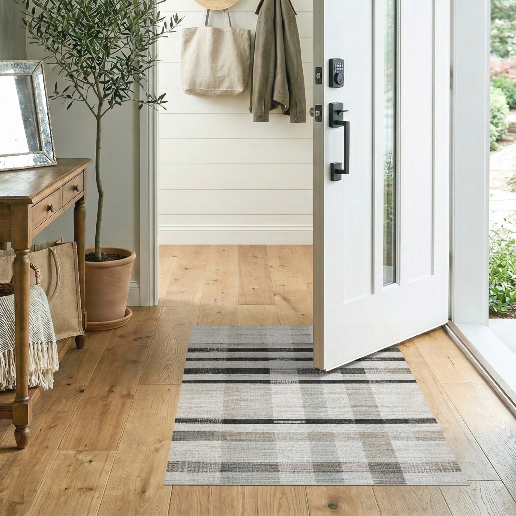 Beige Grey Plaid Distressed Area Rug