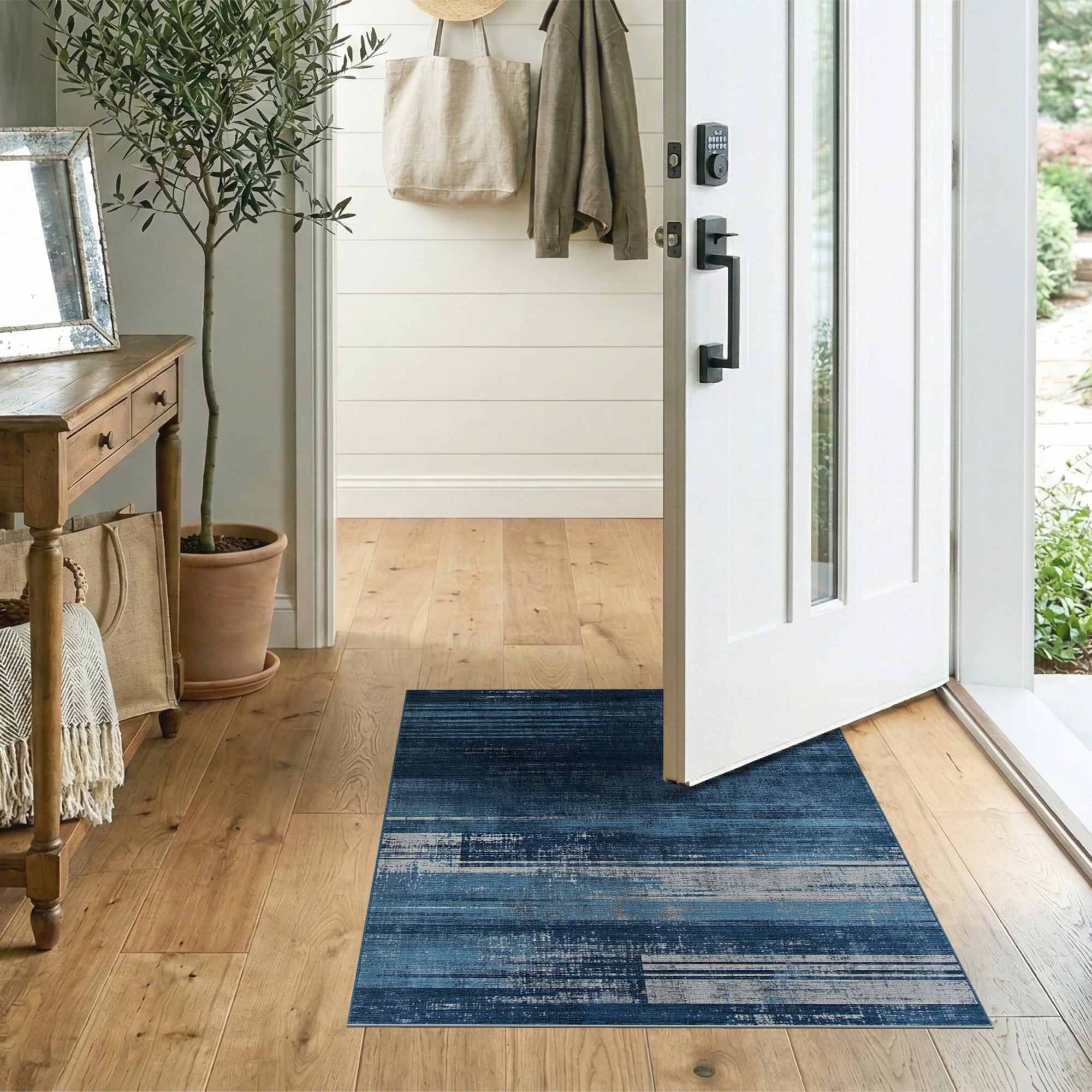 Navy Blue Striped Distressed Vintage Area Rug