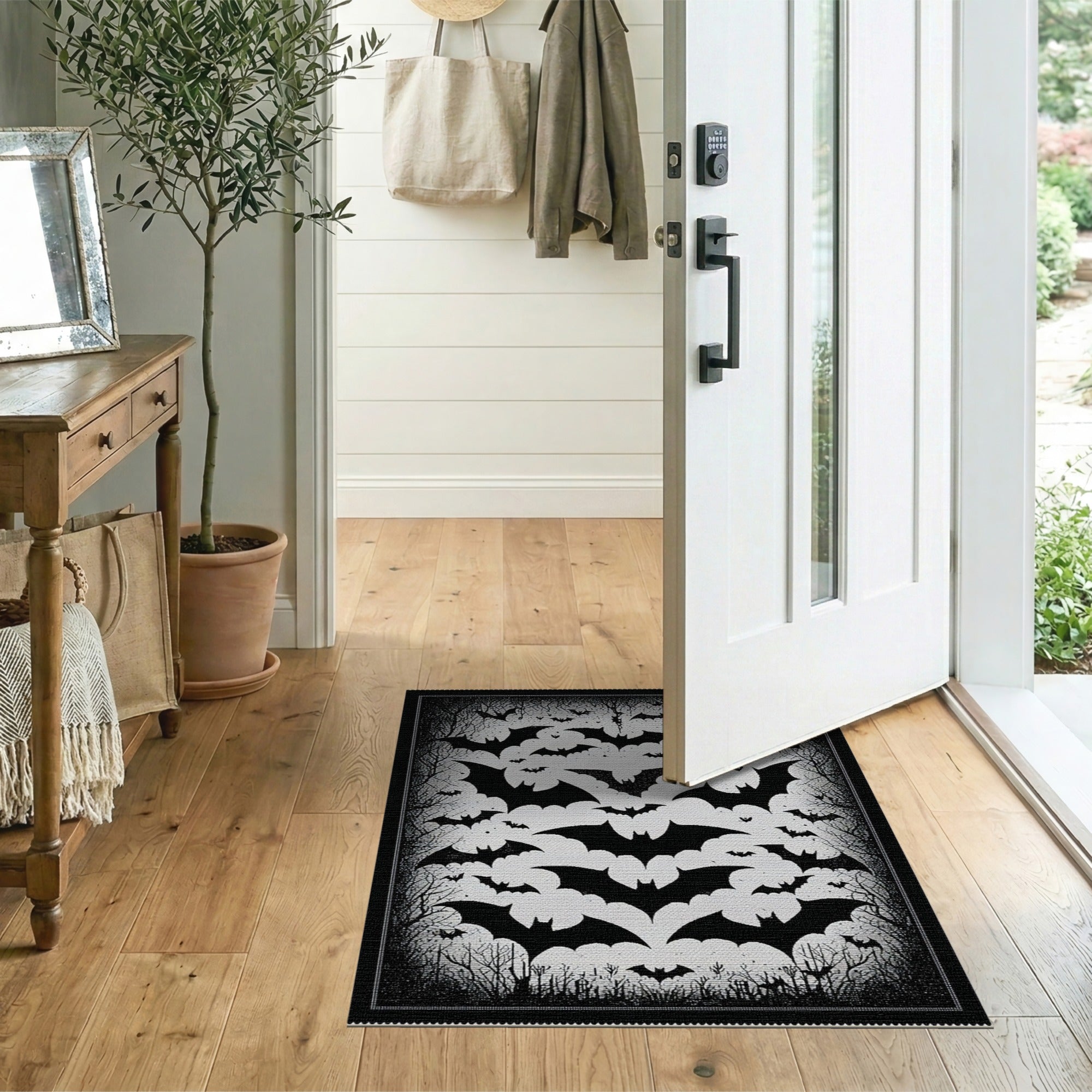 Haunting Bat Swarm Black White Area Rug