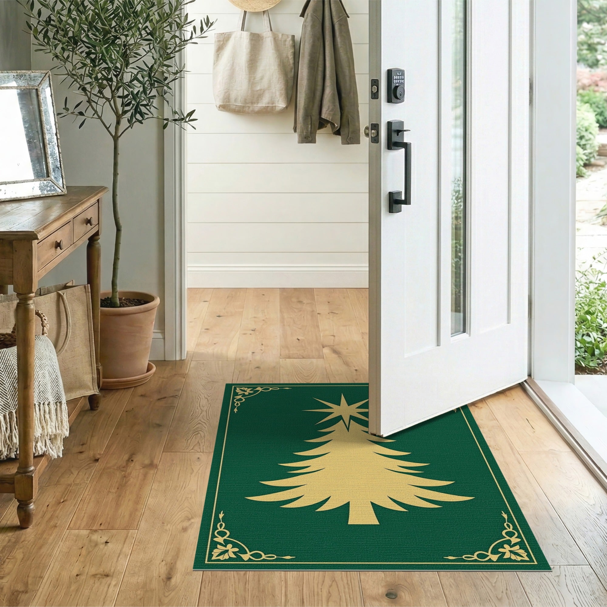 Golden Christmas Tree Silhouette on Emerald Green Rug