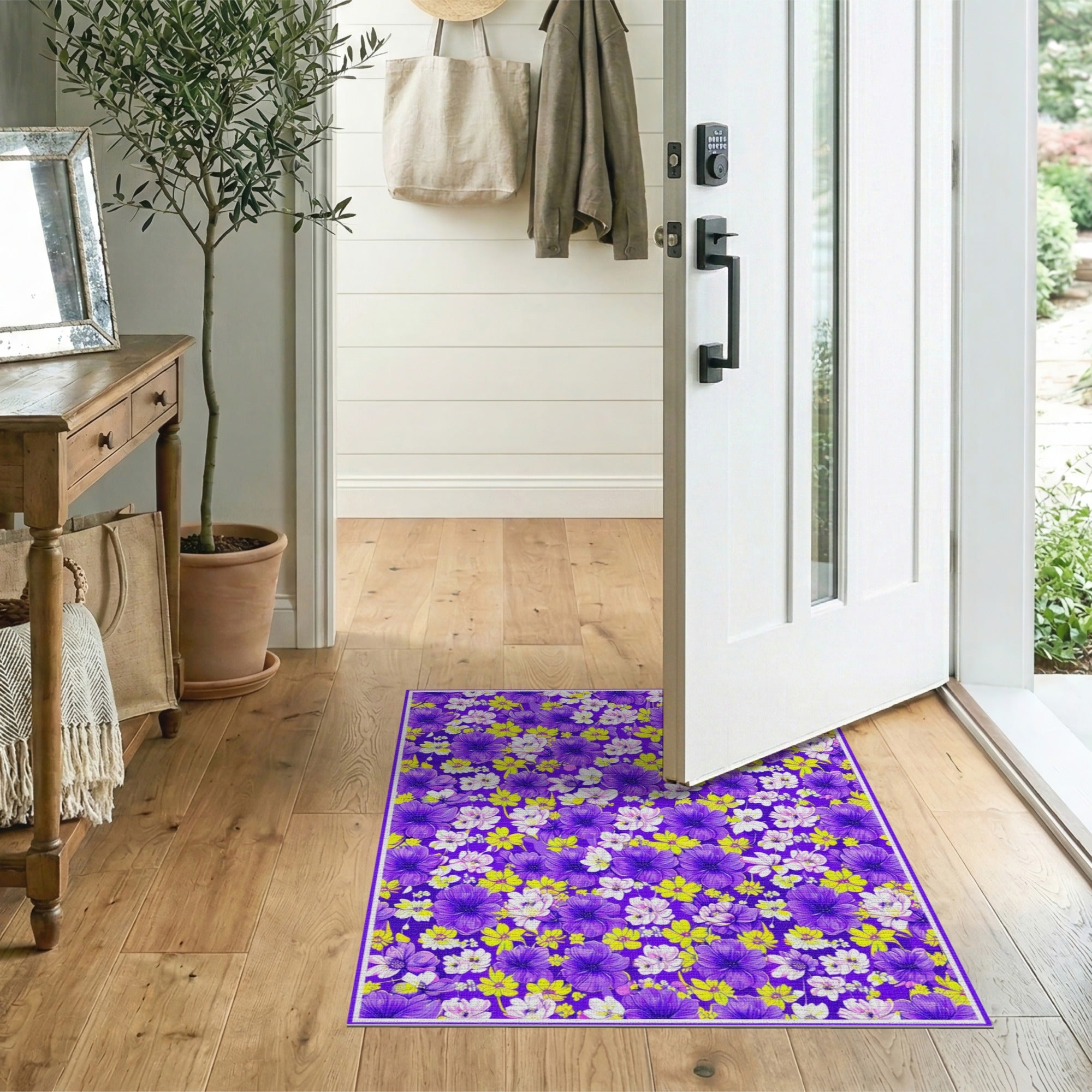 Vibrant Purple Yellow Floral Area Rug