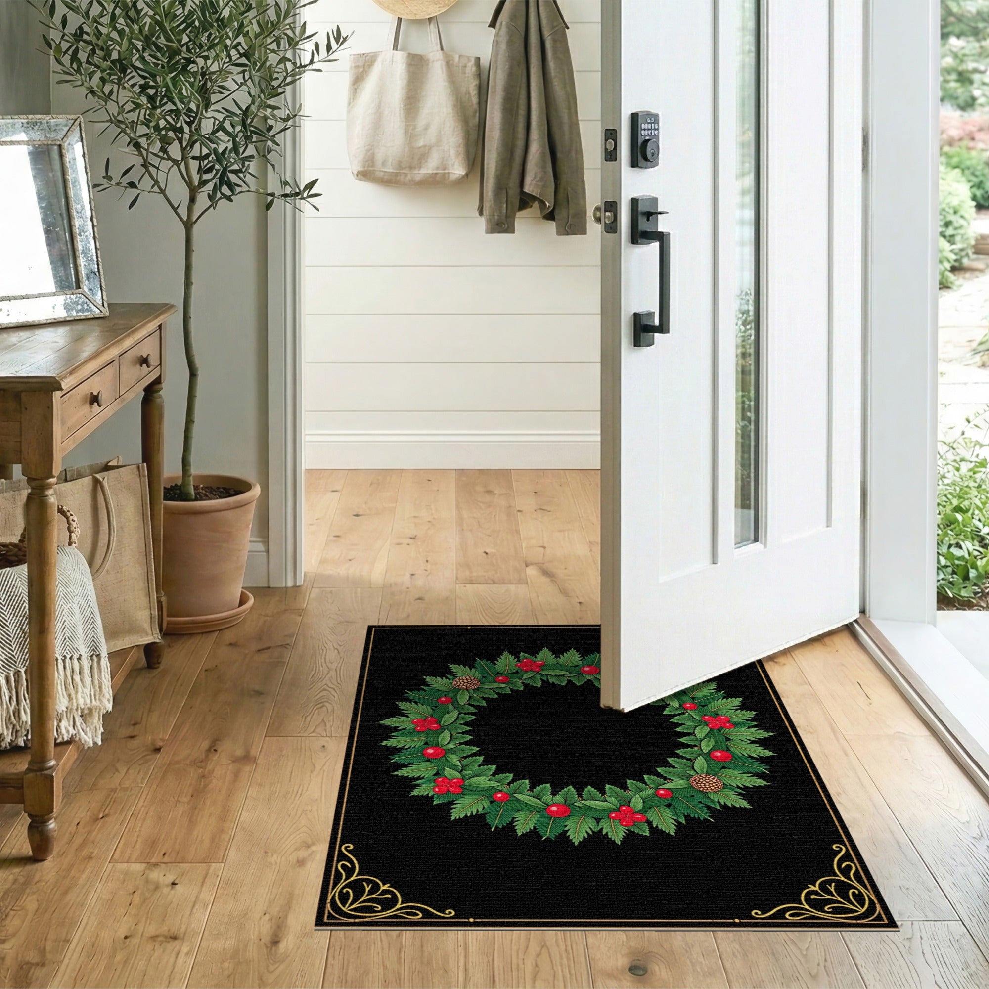 Festive Holly Wreath Area Rug with Berries