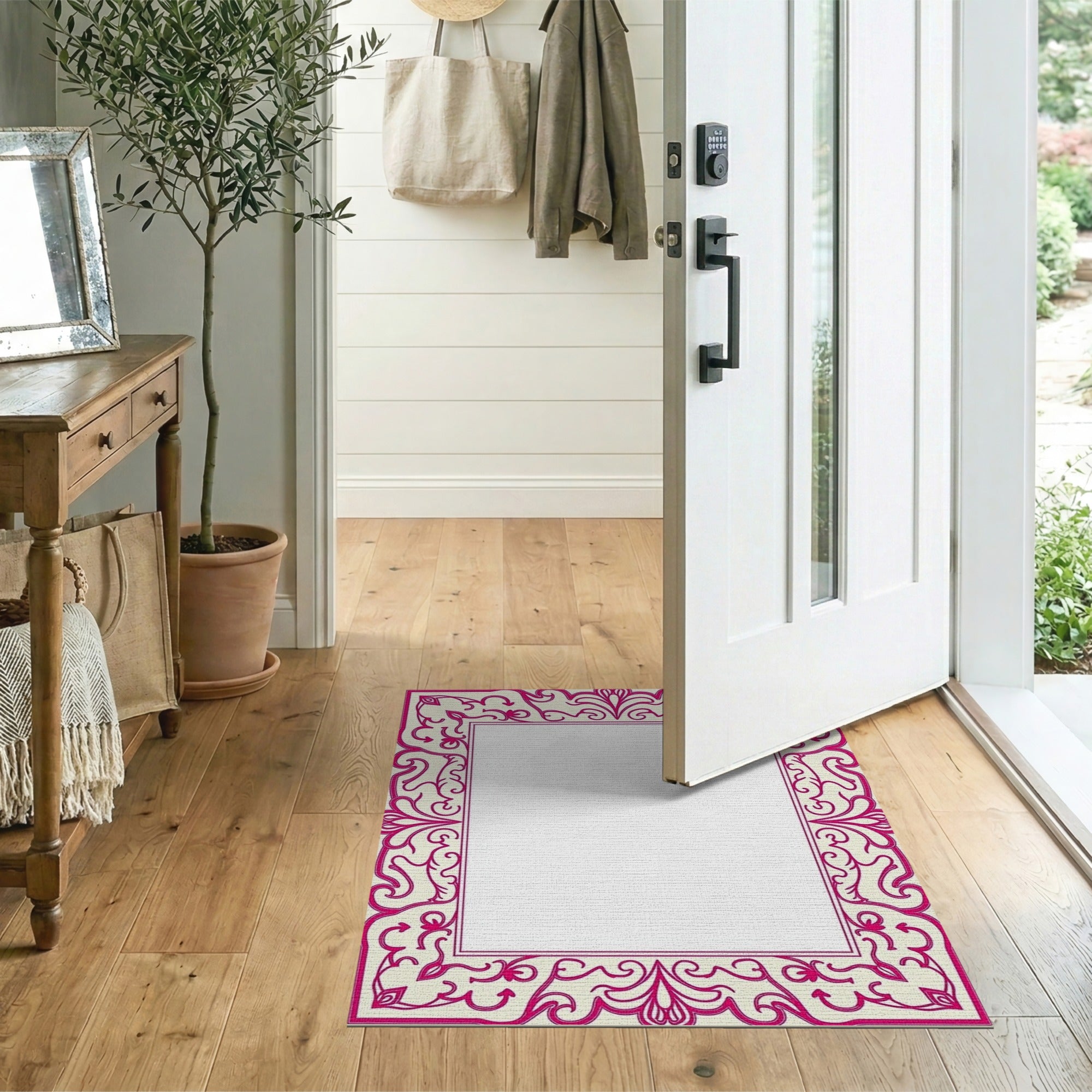 Floral Vintage Ornate Pink Ornate Floral Border Area Rug