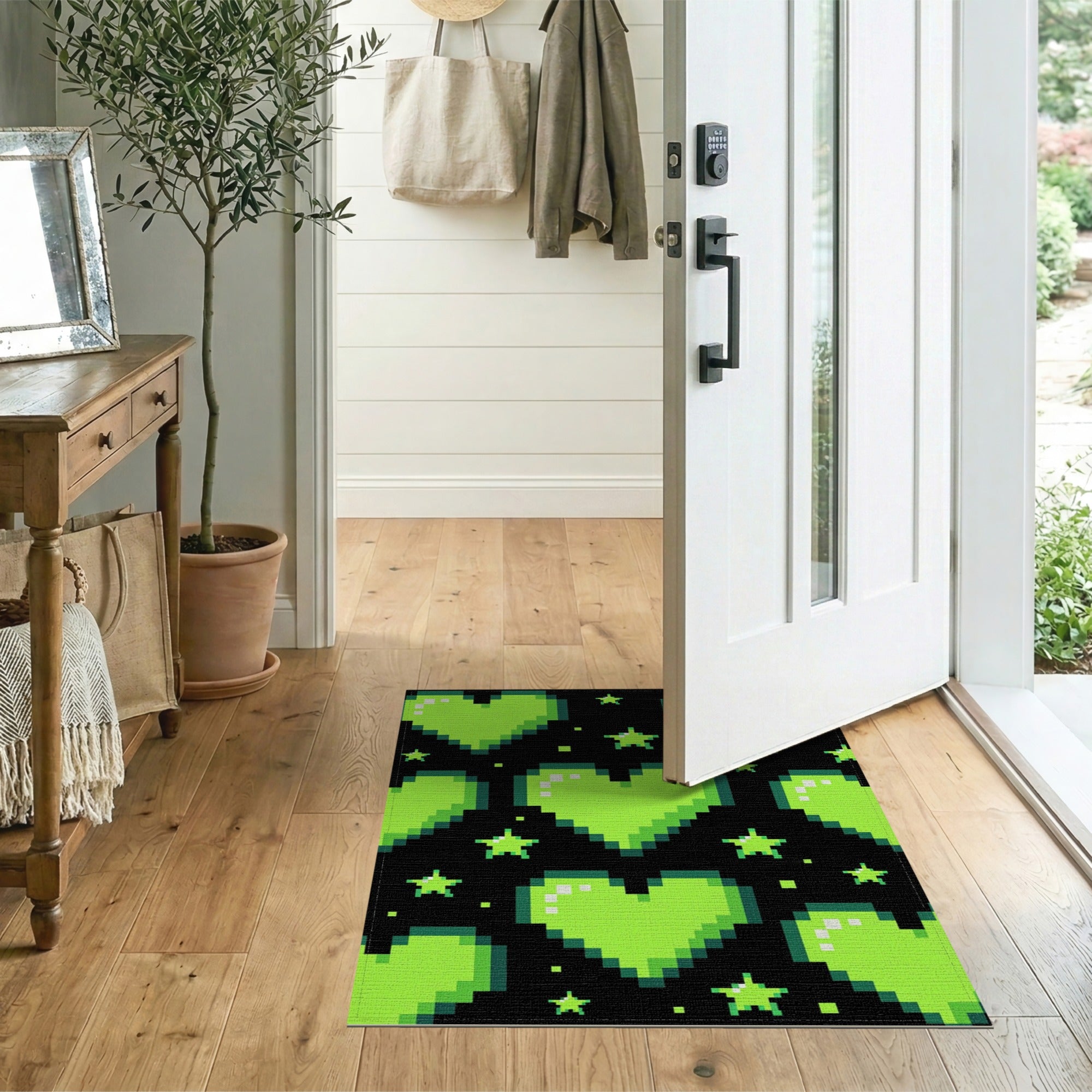 Green Pixel Hearts Area Rug